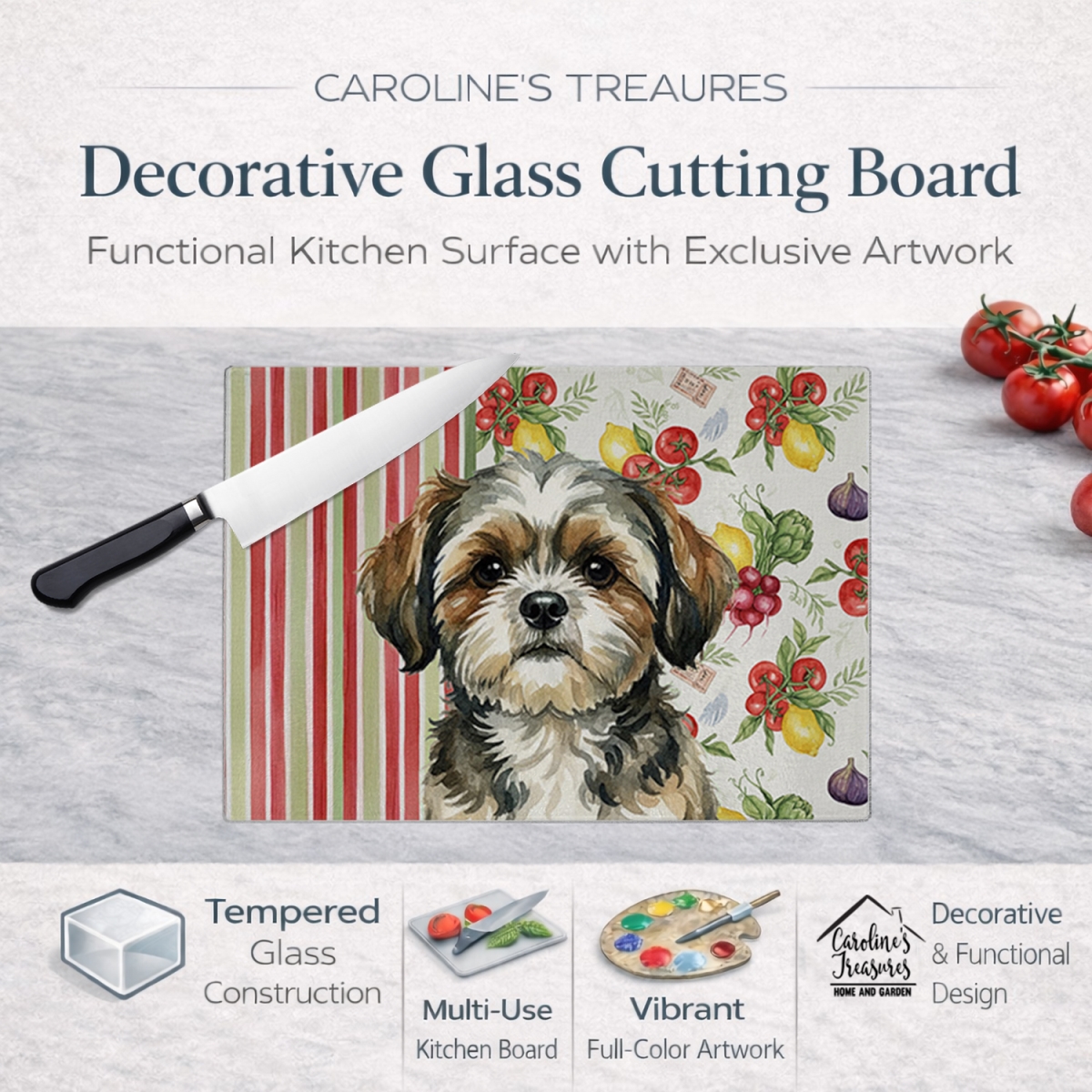 Picture of Carolines Treasures WDK8417LCB 11.25 x 15.25 in. Brindle Shih Tzu Vegetables Glass Cutting Board