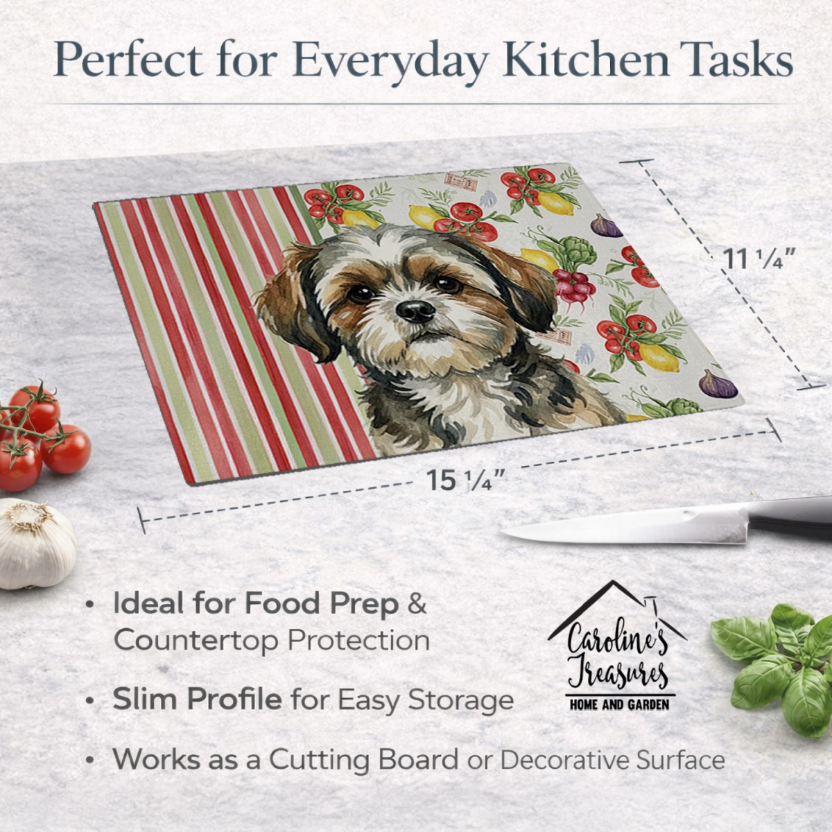 Picture of Carolines Treasures WDK8417LCB 11.25 x 15.25 in. Brindle Shih Tzu Vegetables Glass Cutting Board