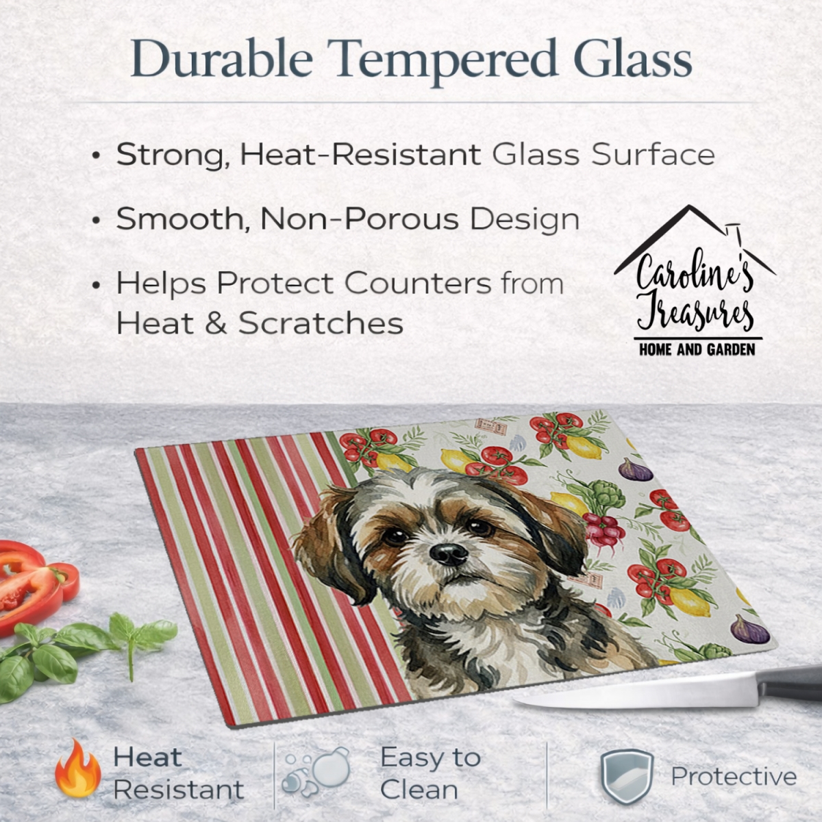 Picture of Carolines Treasures WDK8417LCB 11.25 x 15.25 in. Brindle Shih Tzu Vegetables Glass Cutting Board