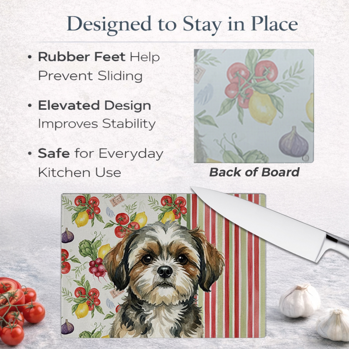 Picture of Carolines Treasures WDK8417LCB 11.25 x 15.25 in. Brindle Shih Tzu Vegetables Glass Cutting Board