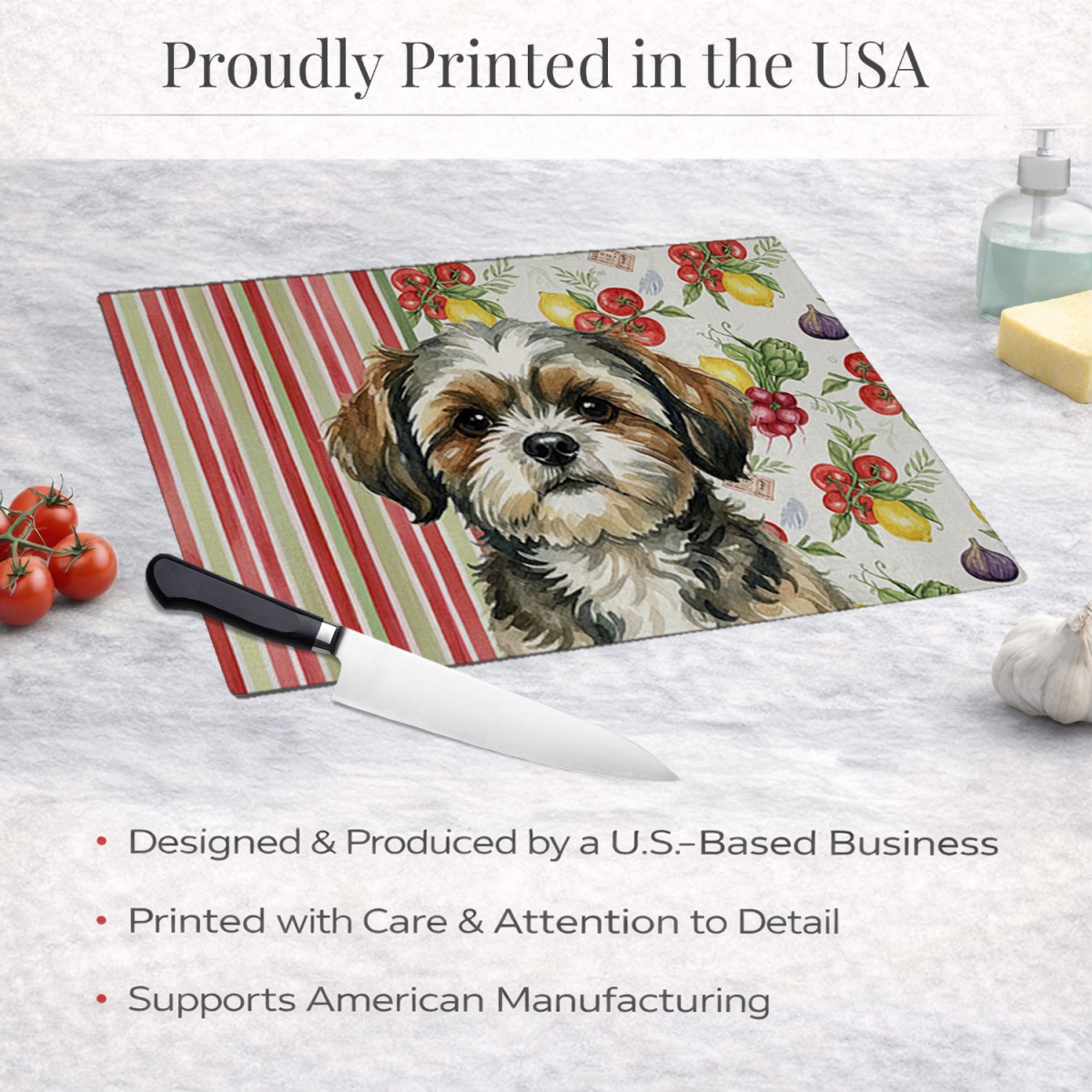 Picture of Carolines Treasures WDK8417LCB 11.25 x 15.25 in. Brindle Shih Tzu Vegetables Glass Cutting Board