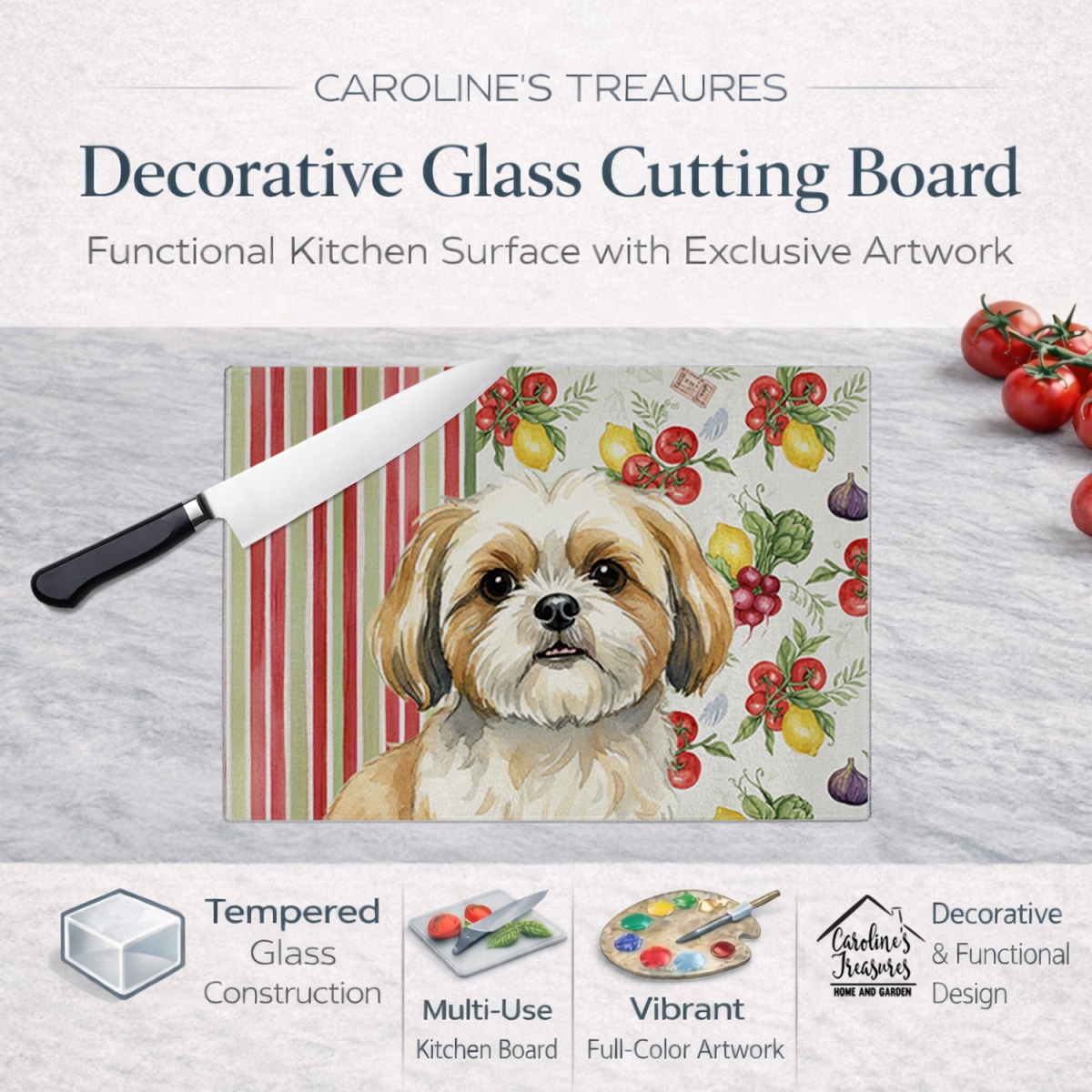 Picture of Carolines Treasures WDK8418LCB 11.25 x 15.25 in. Gold & White Shih Tzu Vegetables Glass Cutting Board