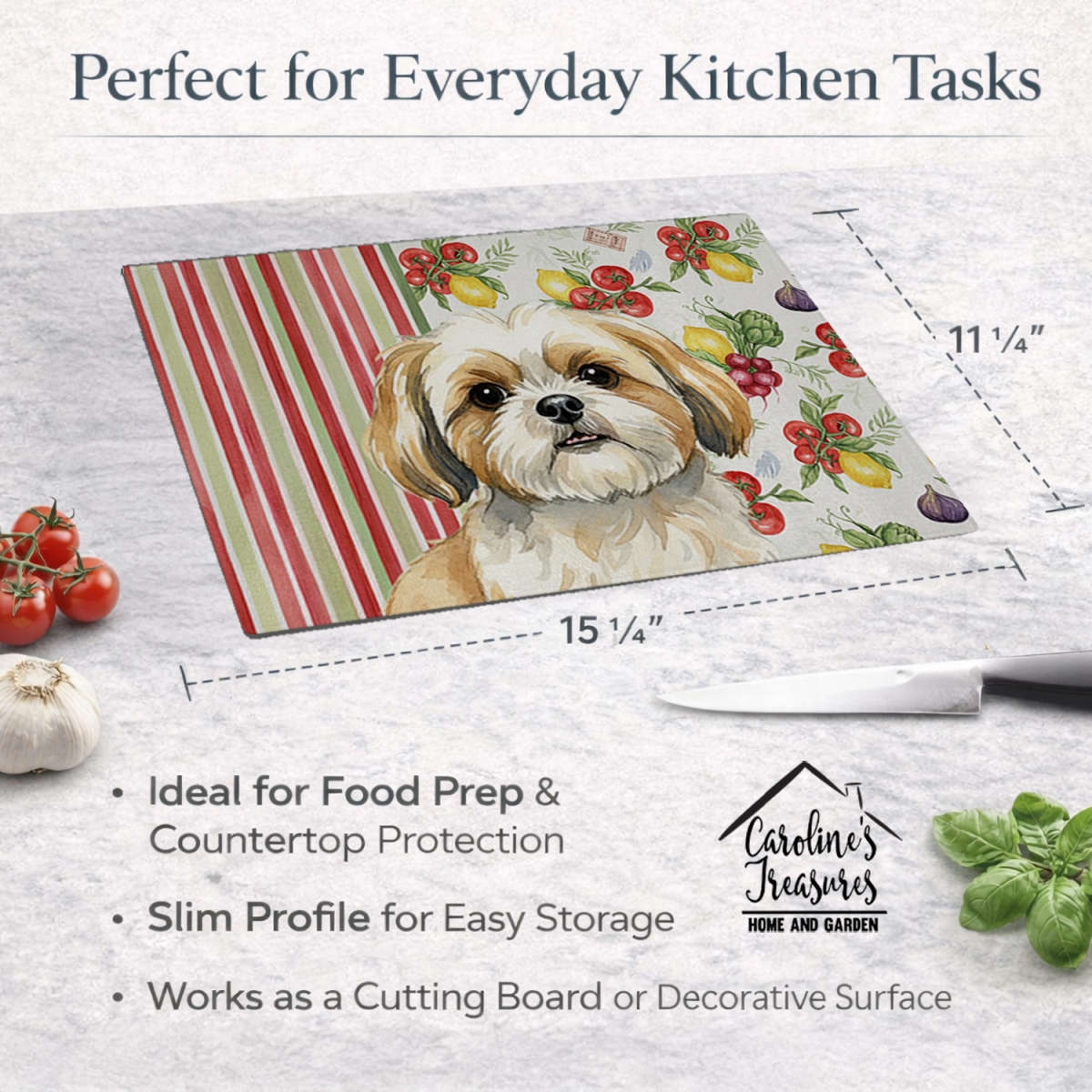 Picture of Carolines Treasures WDK8418LCB 11.25 x 15.25 in. Gold & White Shih Tzu Vegetables Glass Cutting Board