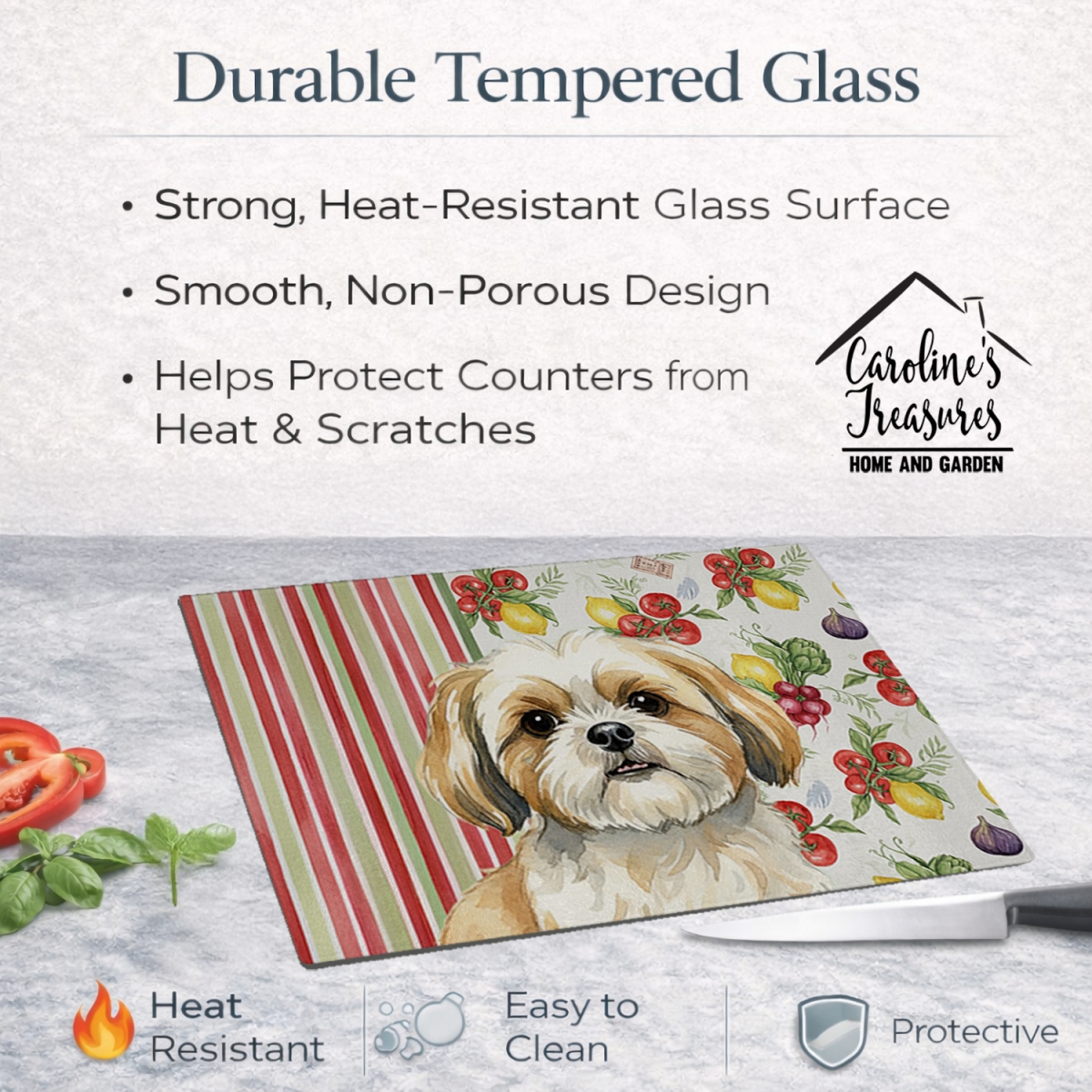 Picture of Carolines Treasures WDK8418LCB 11.25 x 15.25 in. Gold & White Shih Tzu Vegetables Glass Cutting Board