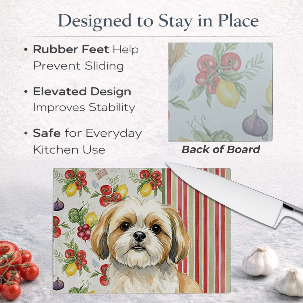 Picture of Carolines Treasures WDK8418LCB 11.25 x 15.25 in. Gold & White Shih Tzu Vegetables Glass Cutting Board