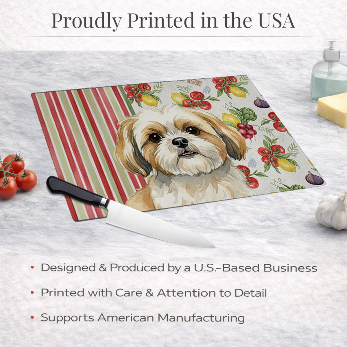 Picture of Carolines Treasures WDK8418LCB 11.25 x 15.25 in. Gold & White Shih Tzu Vegetables Glass Cutting Board