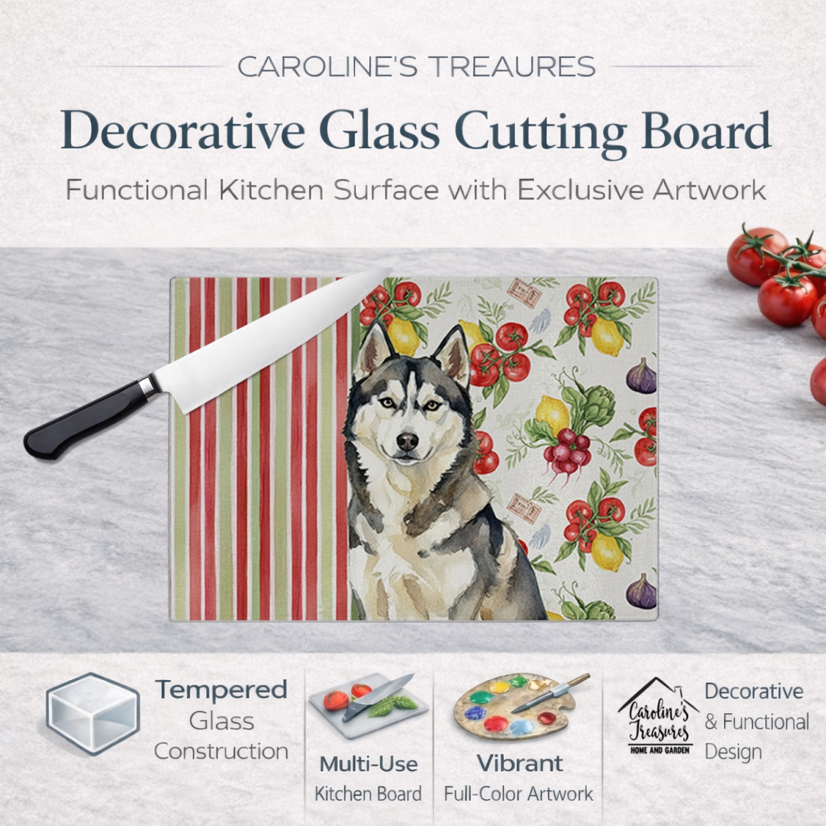 Picture of Carolines Treasures WDK8420LCB 11.25 x 15.25 in. Agouti Siberian Husky Vegetables Glass Cutting Board