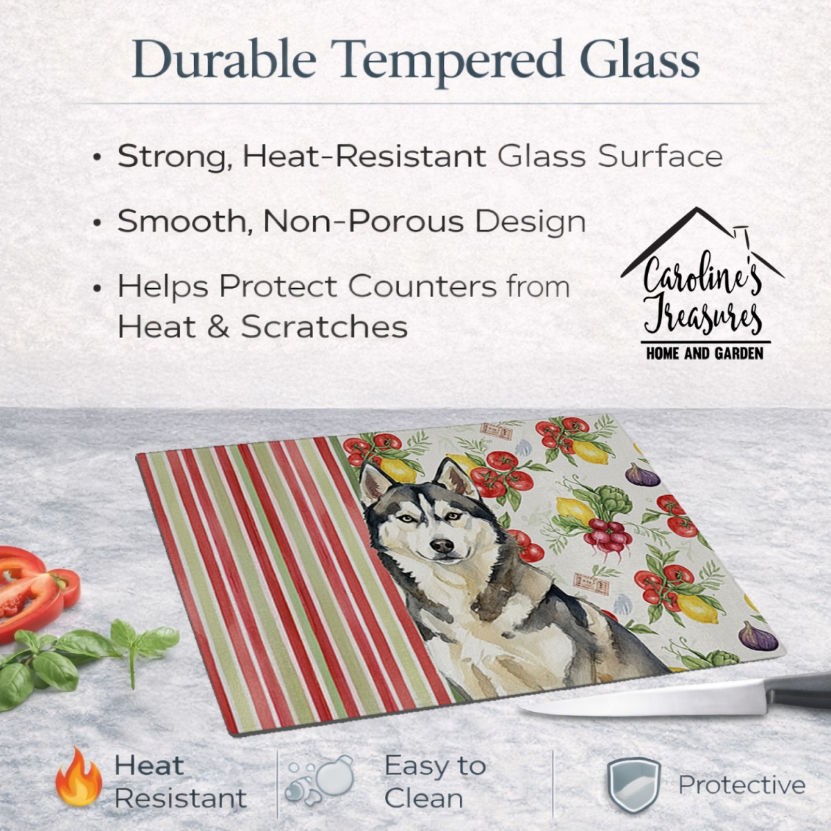 Picture of Carolines Treasures WDK8420LCB 11.25 x 15.25 in. Agouti Siberian Husky Vegetables Glass Cutting Board