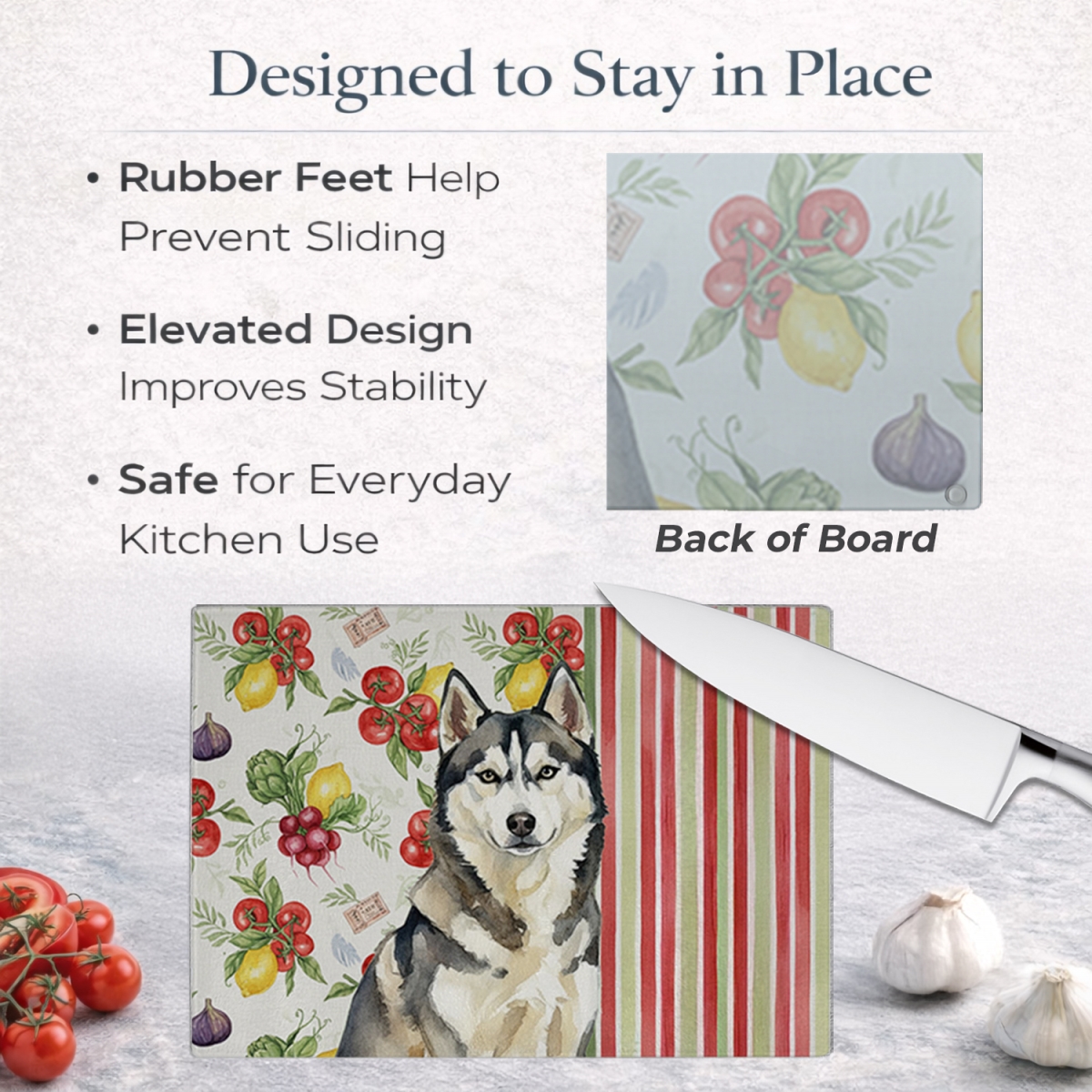 Picture of Carolines Treasures WDK8420LCB 11.25 x 15.25 in. Agouti Siberian Husky Vegetables Glass Cutting Board