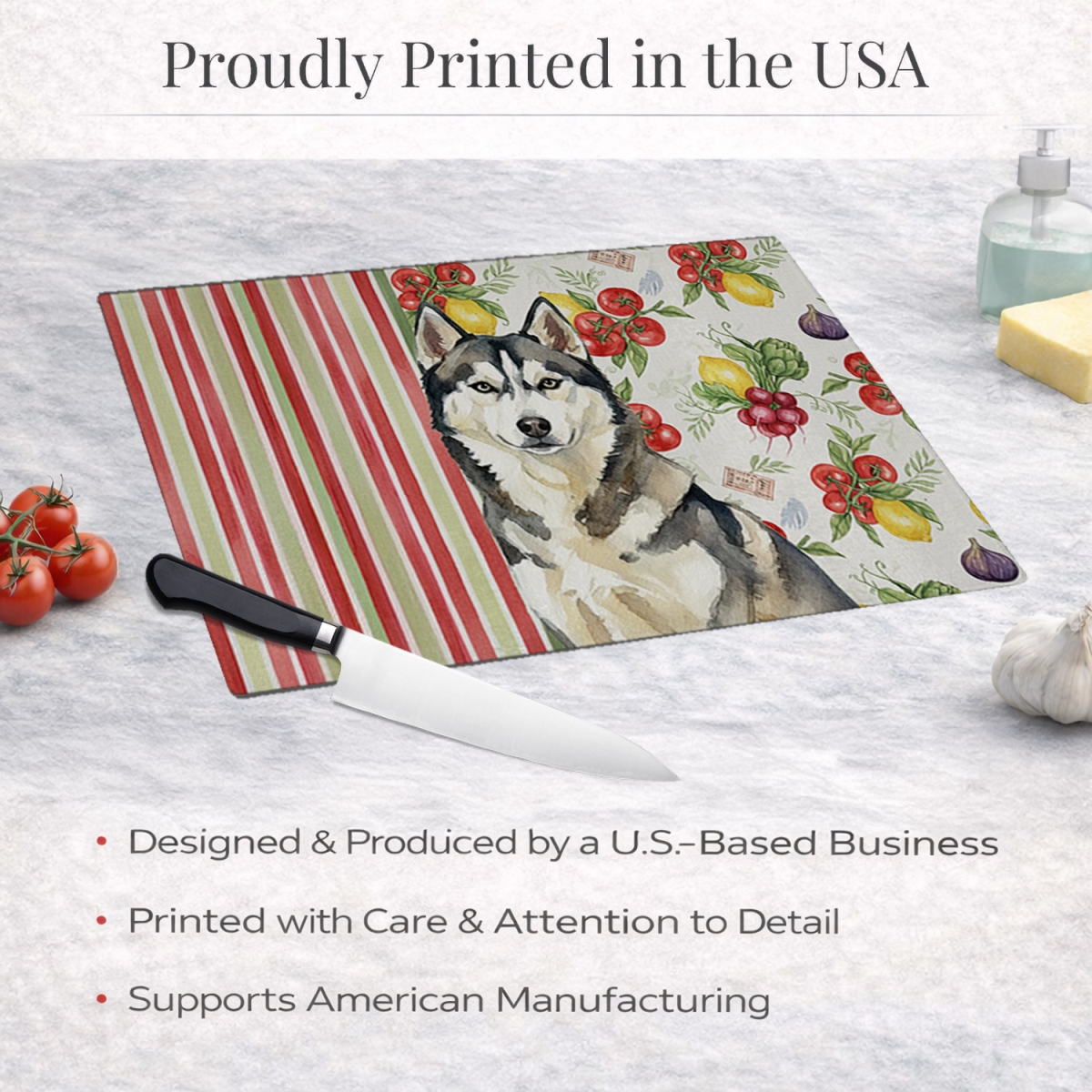 Picture of Carolines Treasures WDK8420LCB 11.25 x 15.25 in. Agouti Siberian Husky Vegetables Glass Cutting Board