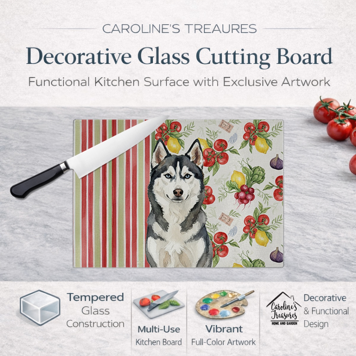 Picture of Carolines Treasures WDK8421LCB 11.25 x 15.25 in. Siberian Husky Vegetables Glass Cutting Board