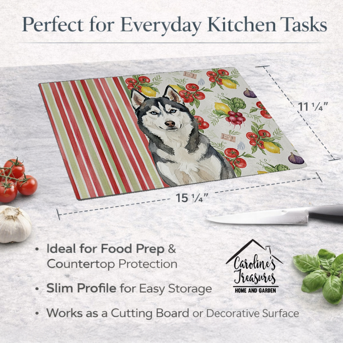 Picture of Carolines Treasures WDK8421LCB 11.25 x 15.25 in. Siberian Husky Vegetables Glass Cutting Board