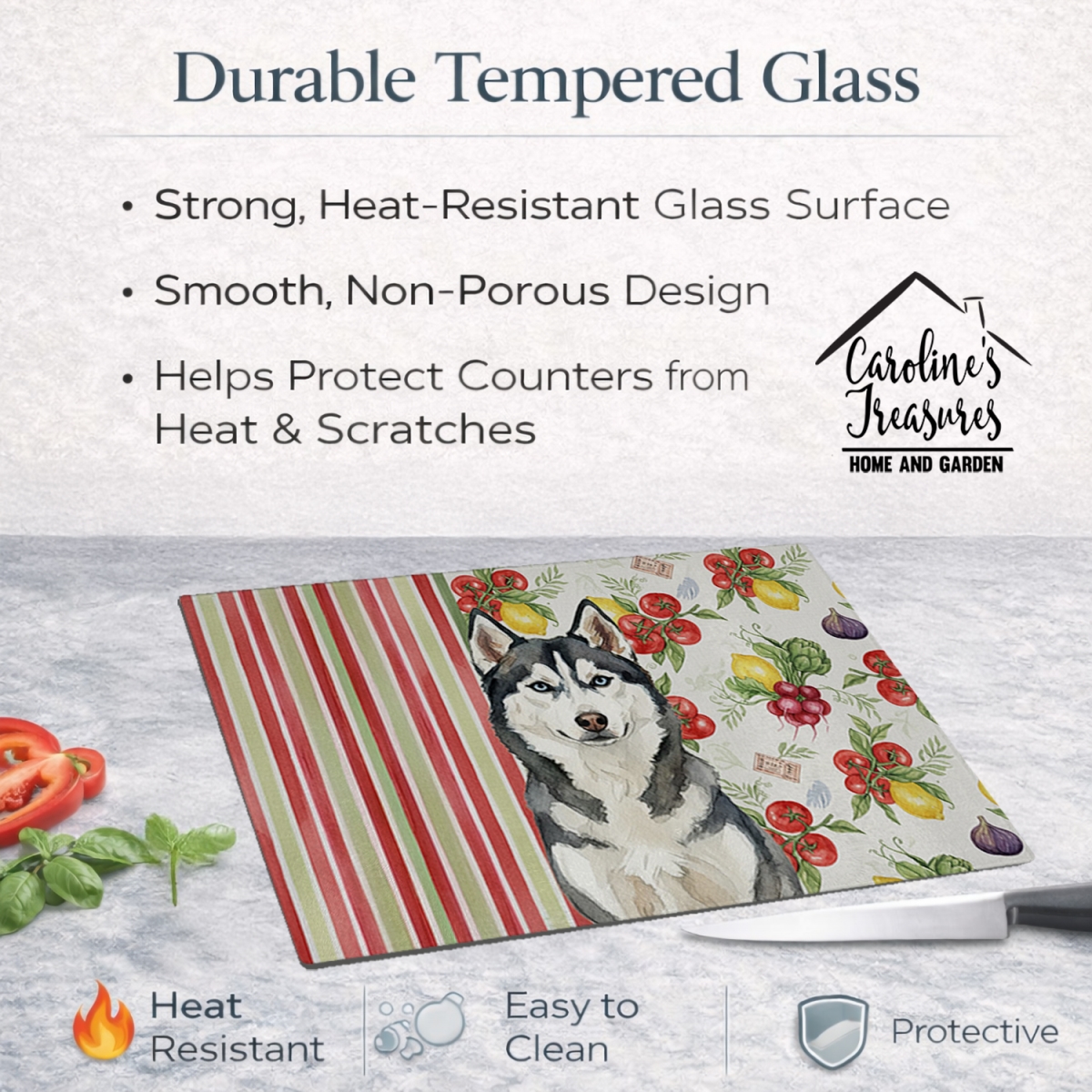 Picture of Carolines Treasures WDK8421LCB 11.25 x 15.25 in. Siberian Husky Vegetables Glass Cutting Board