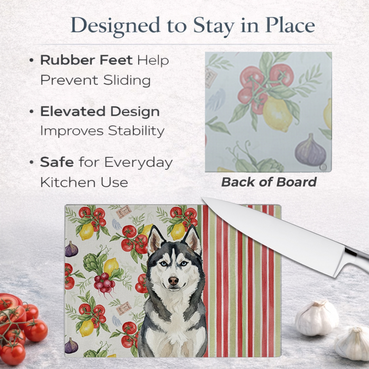 Picture of Carolines Treasures WDK8421LCB 11.25 x 15.25 in. Siberian Husky Vegetables Glass Cutting Board