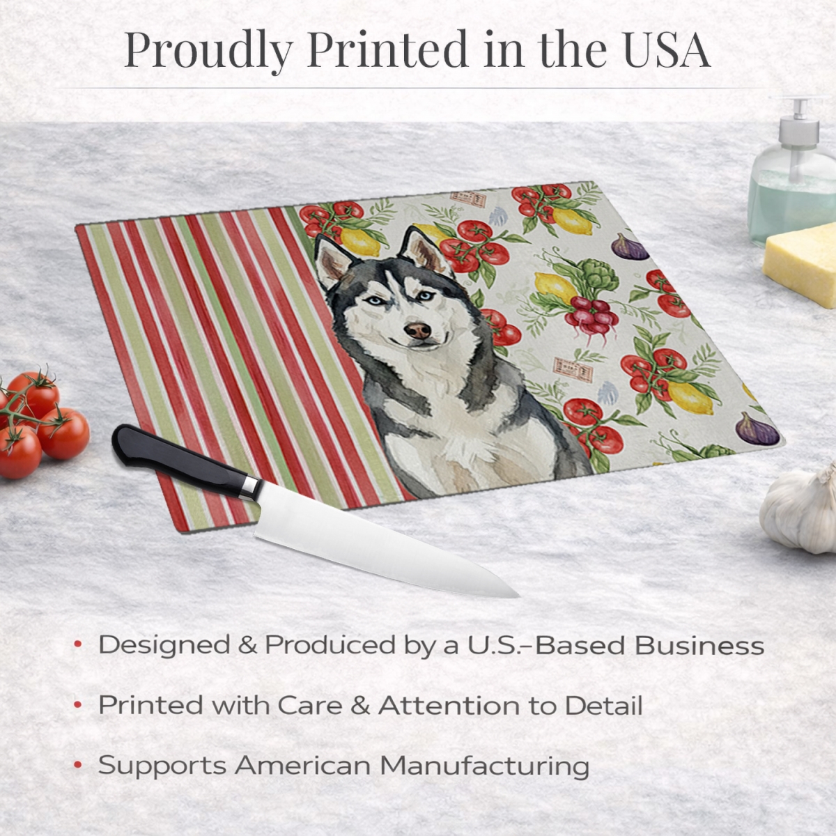 Picture of Carolines Treasures WDK8421LCB 11.25 x 15.25 in. Siberian Husky Vegetables Glass Cutting Board
