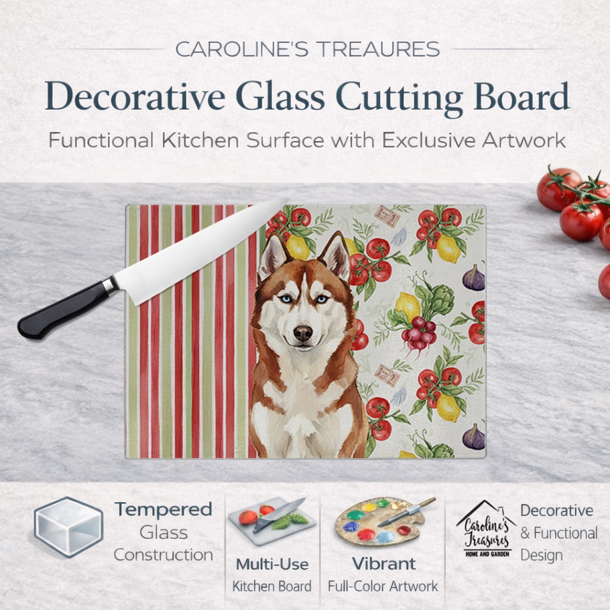 Picture of Carolines Treasures WDK8422LCB 11.25 x 15.25 in. Red & White Siberian Husky Vegetables Glass Cutting Board