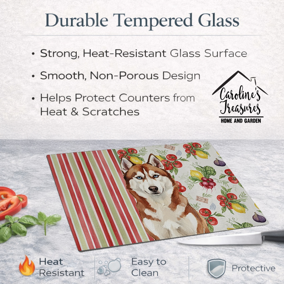 Picture of Carolines Treasures WDK8422LCB 11.25 x 15.25 in. Red & White Siberian Husky Vegetables Glass Cutting Board