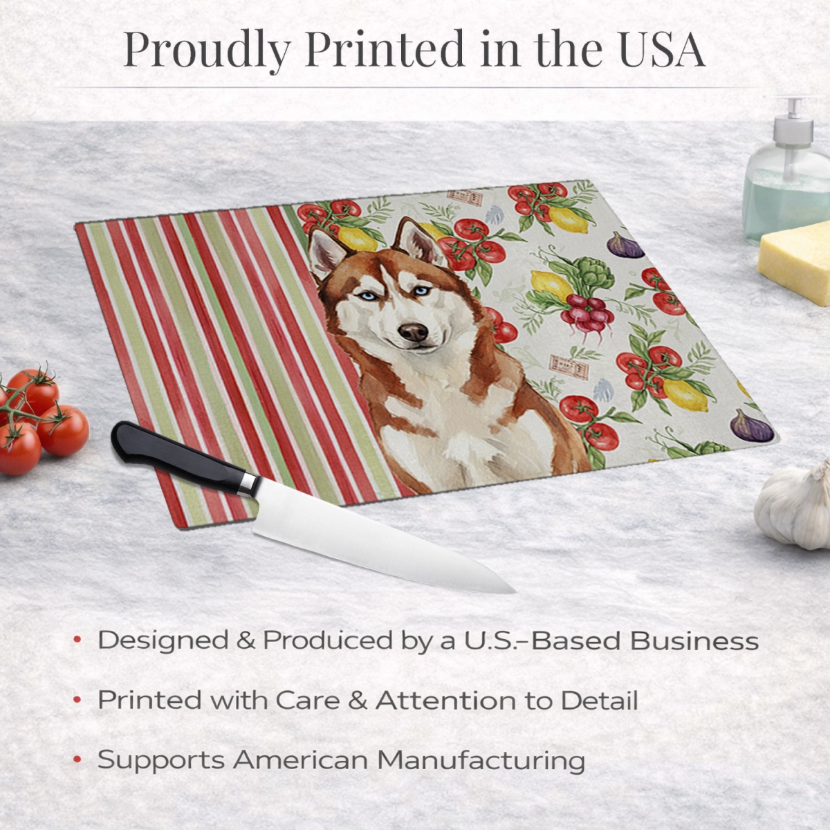 Picture of Carolines Treasures WDK8422LCB 11.25 x 15.25 in. Red & White Siberian Husky Vegetables Glass Cutting Board