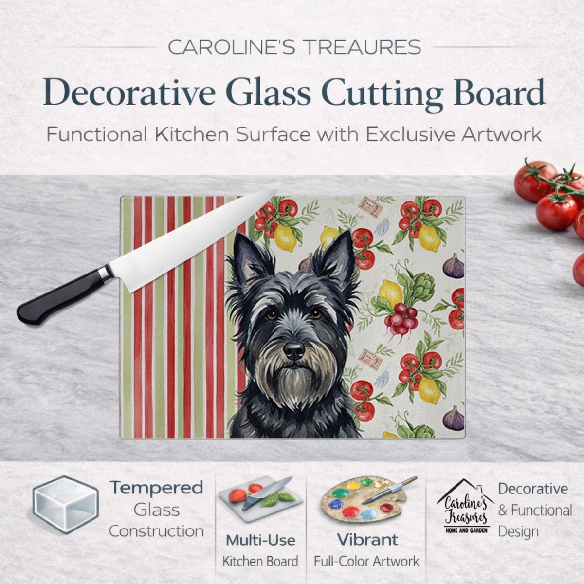 Picture of Carolines Treasures WDK8423LCB 11.25 x 15.25 in. Black Skye Terrier Vegetables Glass Cutting Board