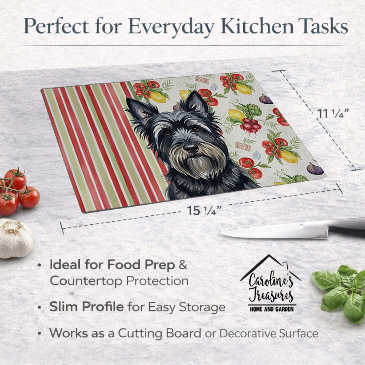 Picture of Carolines Treasures WDK8423LCB 11.25 x 15.25 in. Black Skye Terrier Vegetables Glass Cutting Board