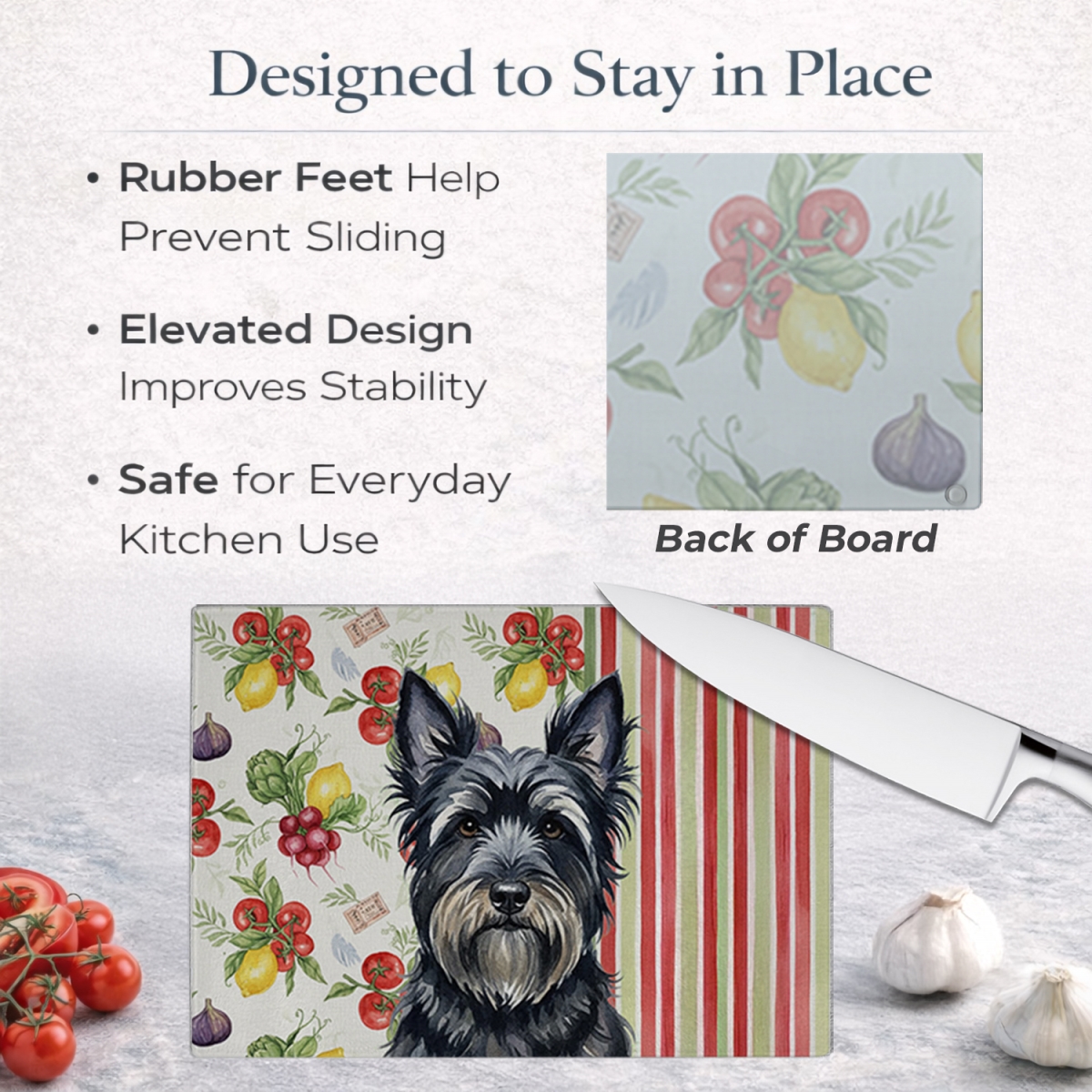 Picture of Carolines Treasures WDK8423LCB 11.25 x 15.25 in. Black Skye Terrier Vegetables Glass Cutting Board