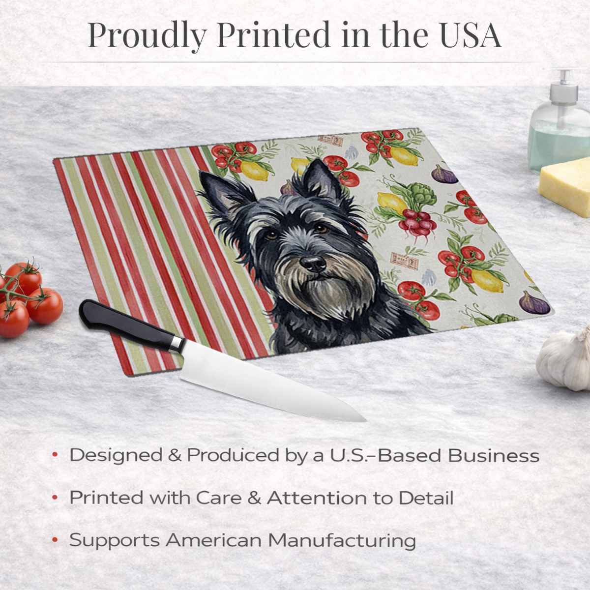 Picture of Carolines Treasures WDK8423LCB 11.25 x 15.25 in. Black Skye Terrier Vegetables Glass Cutting Board