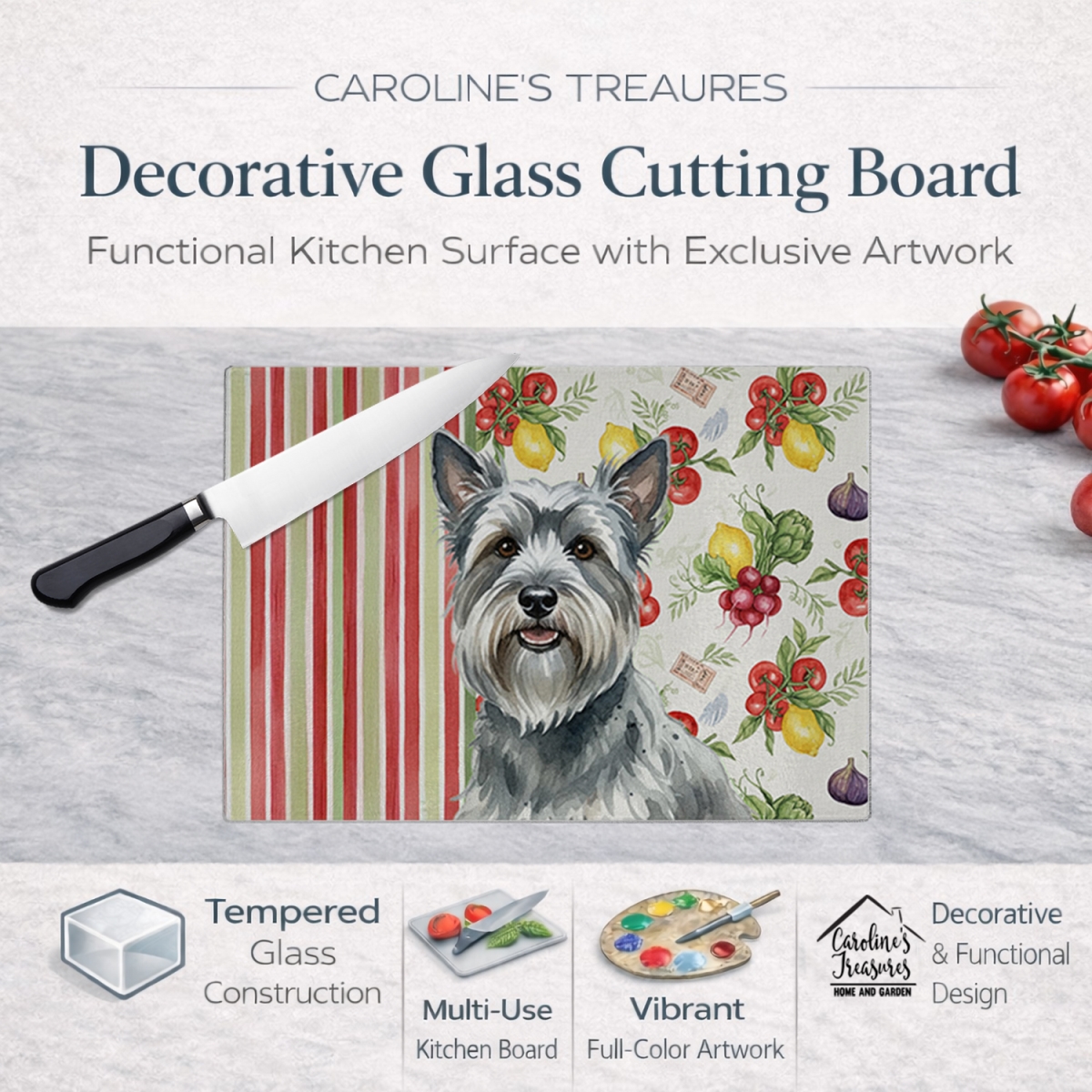 Picture of Carolines Treasures WDK8424LCB 11.25 x 15.25 in. Gray Skye Terrier Vegetables Glass Cutting Board