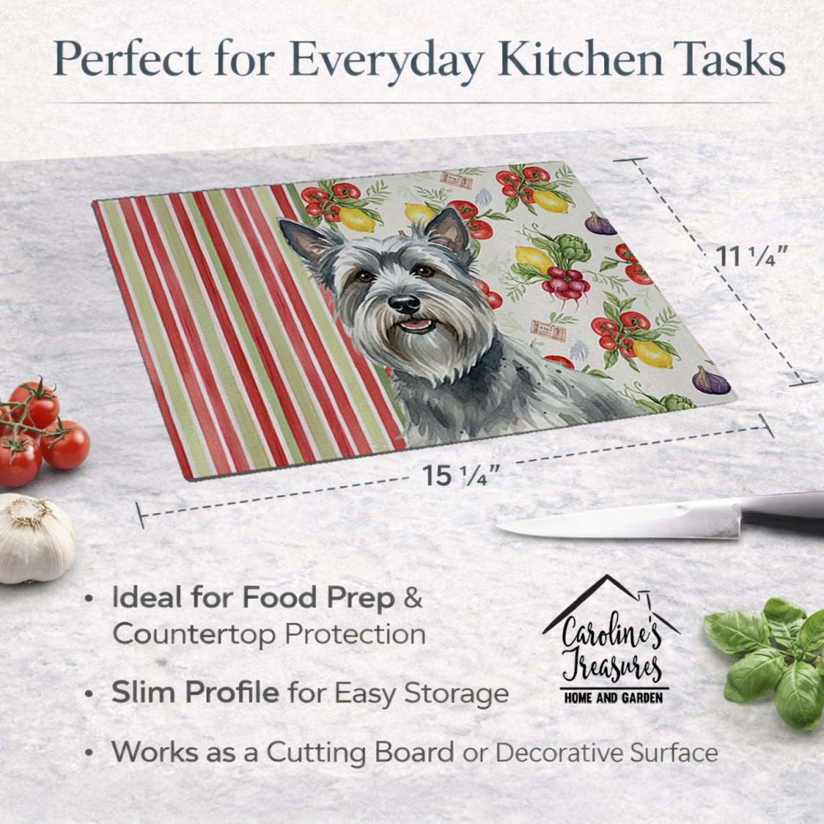 Picture of Carolines Treasures WDK8424LCB 11.25 x 15.25 in. Gray Skye Terrier Vegetables Glass Cutting Board