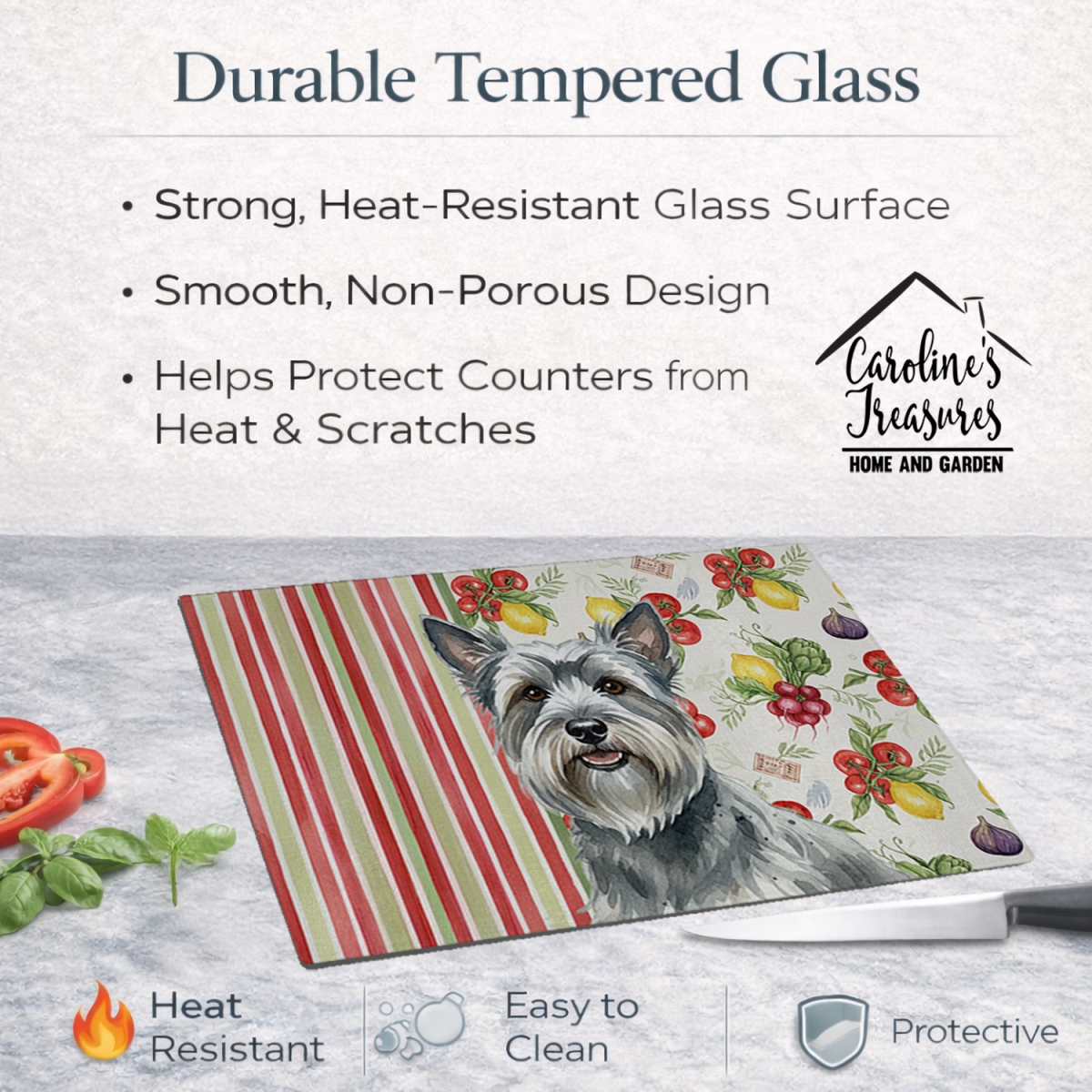 Picture of Carolines Treasures WDK8424LCB 11.25 x 15.25 in. Gray Skye Terrier Vegetables Glass Cutting Board