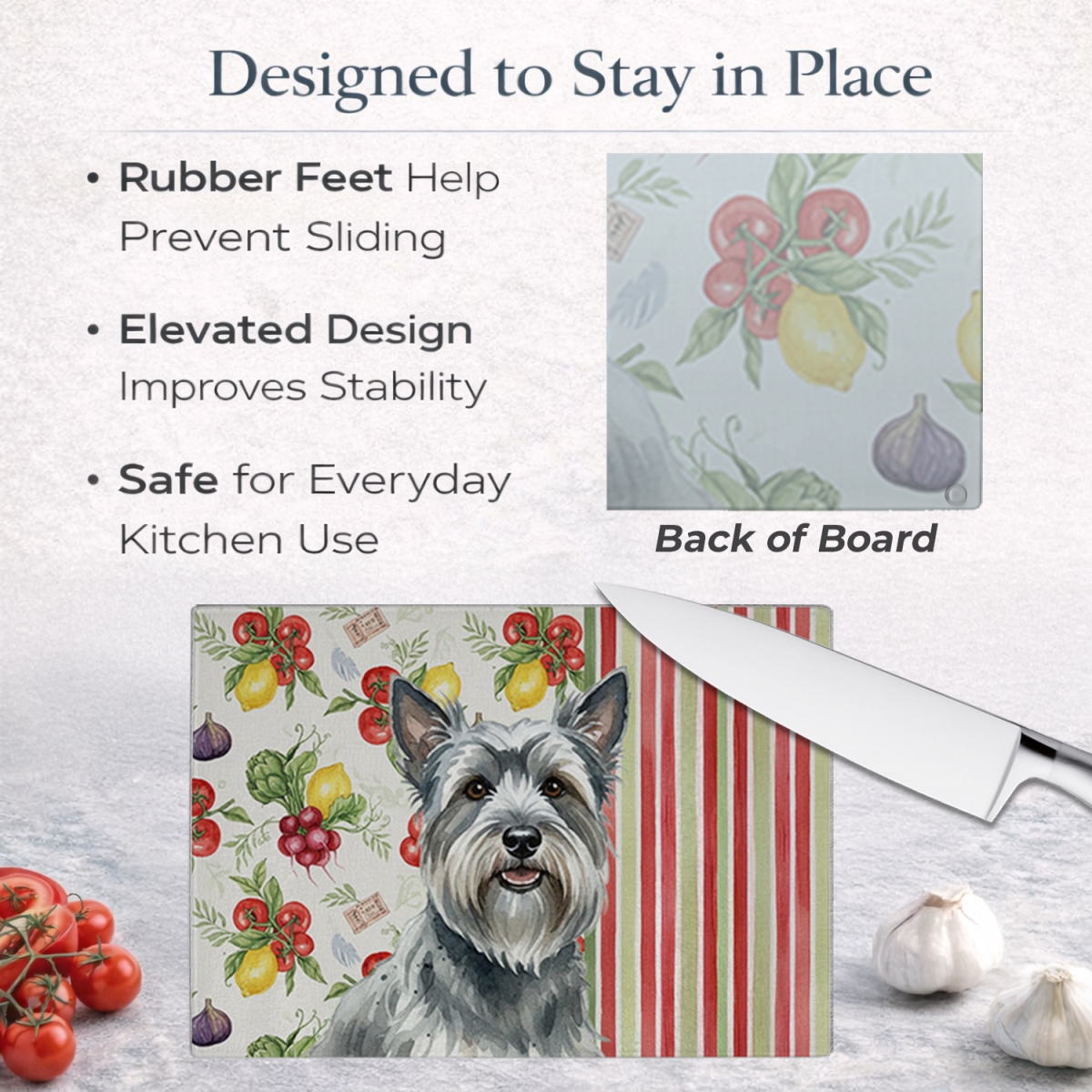 Picture of Carolines Treasures WDK8424LCB 11.25 x 15.25 in. Gray Skye Terrier Vegetables Glass Cutting Board