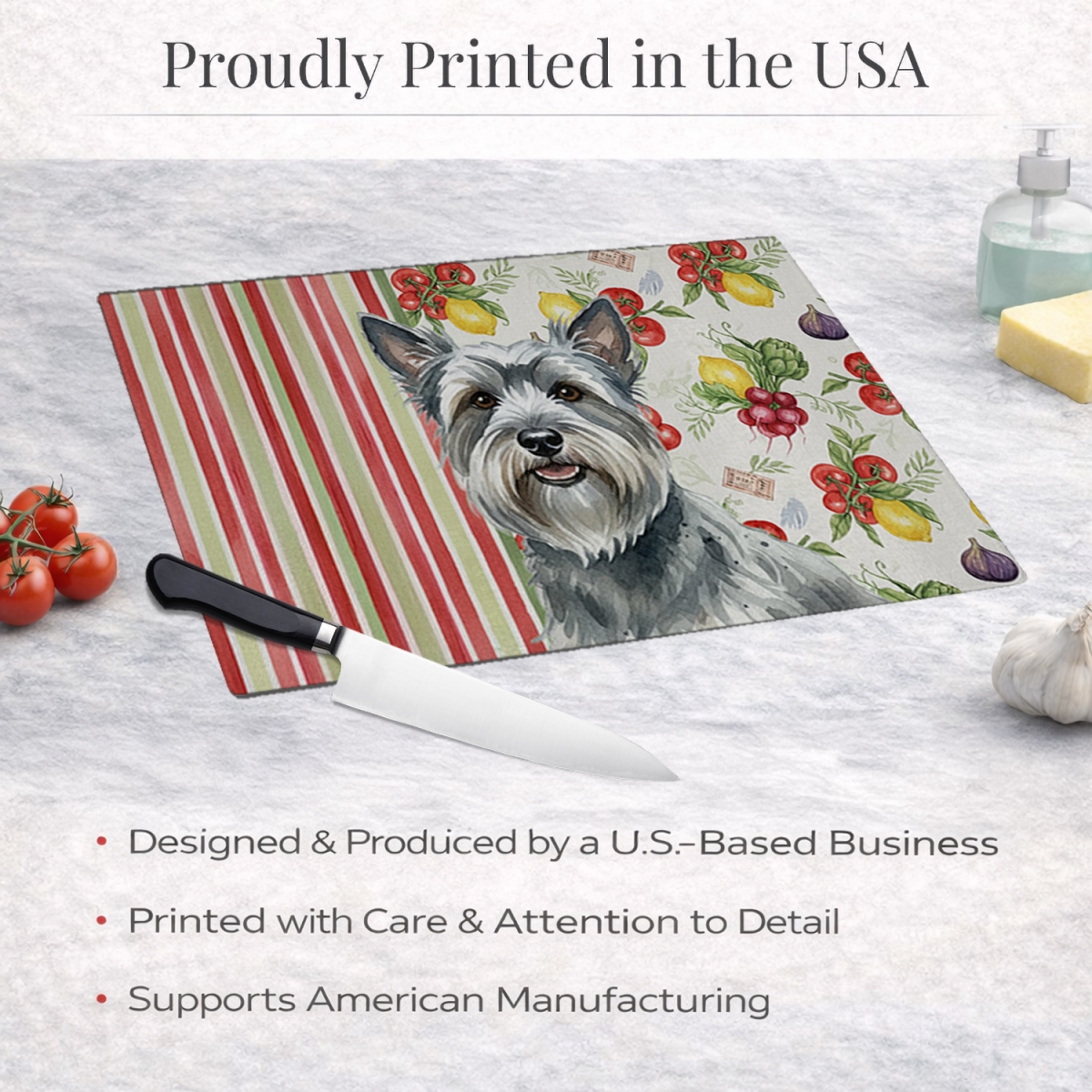 Picture of Carolines Treasures WDK8424LCB 11.25 x 15.25 in. Gray Skye Terrier Vegetables Glass Cutting Board