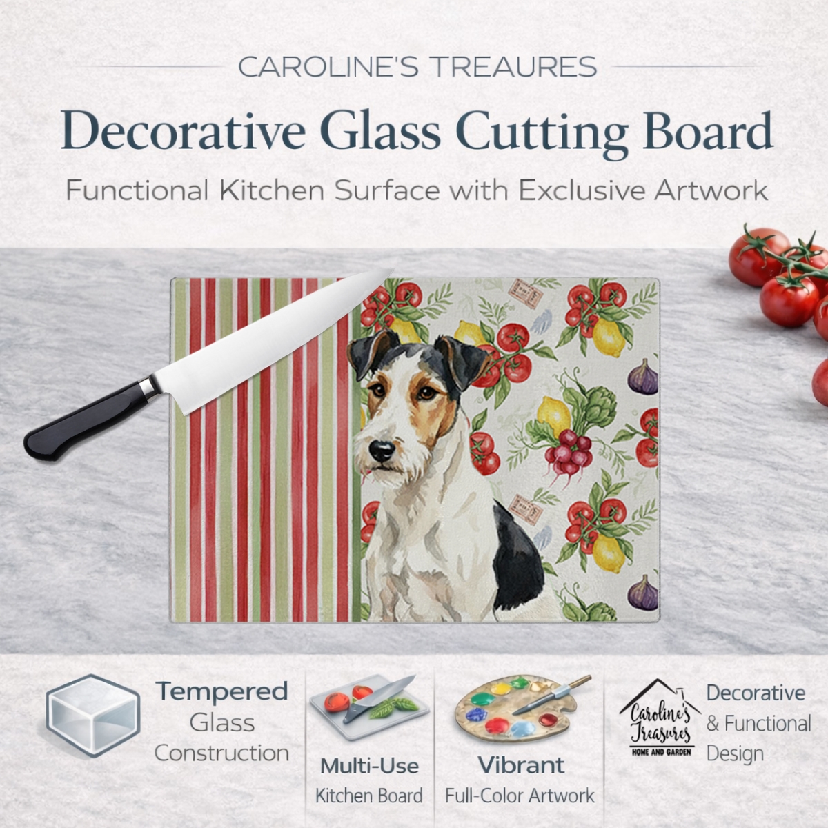 Picture of Carolines Treasures WDK8425LCB 11.25 x 15.25 in. Smooth Fox Terrier Vegetables Glass Cutting Board