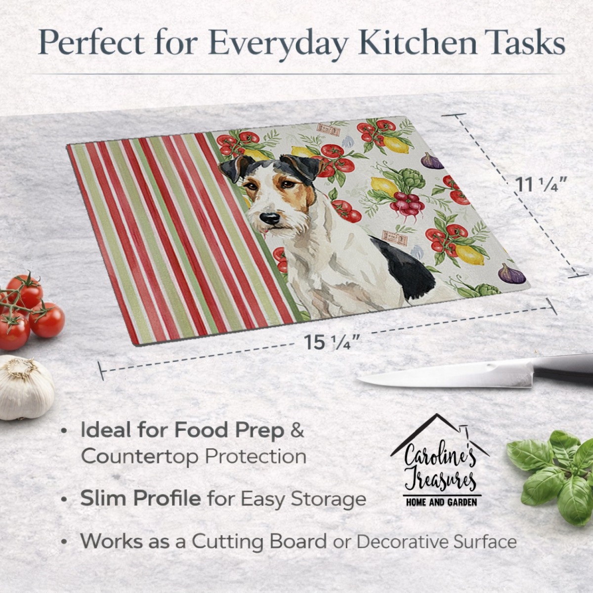 Picture of Carolines Treasures WDK8425LCB 11.25 x 15.25 in. Smooth Fox Terrier Vegetables Glass Cutting Board