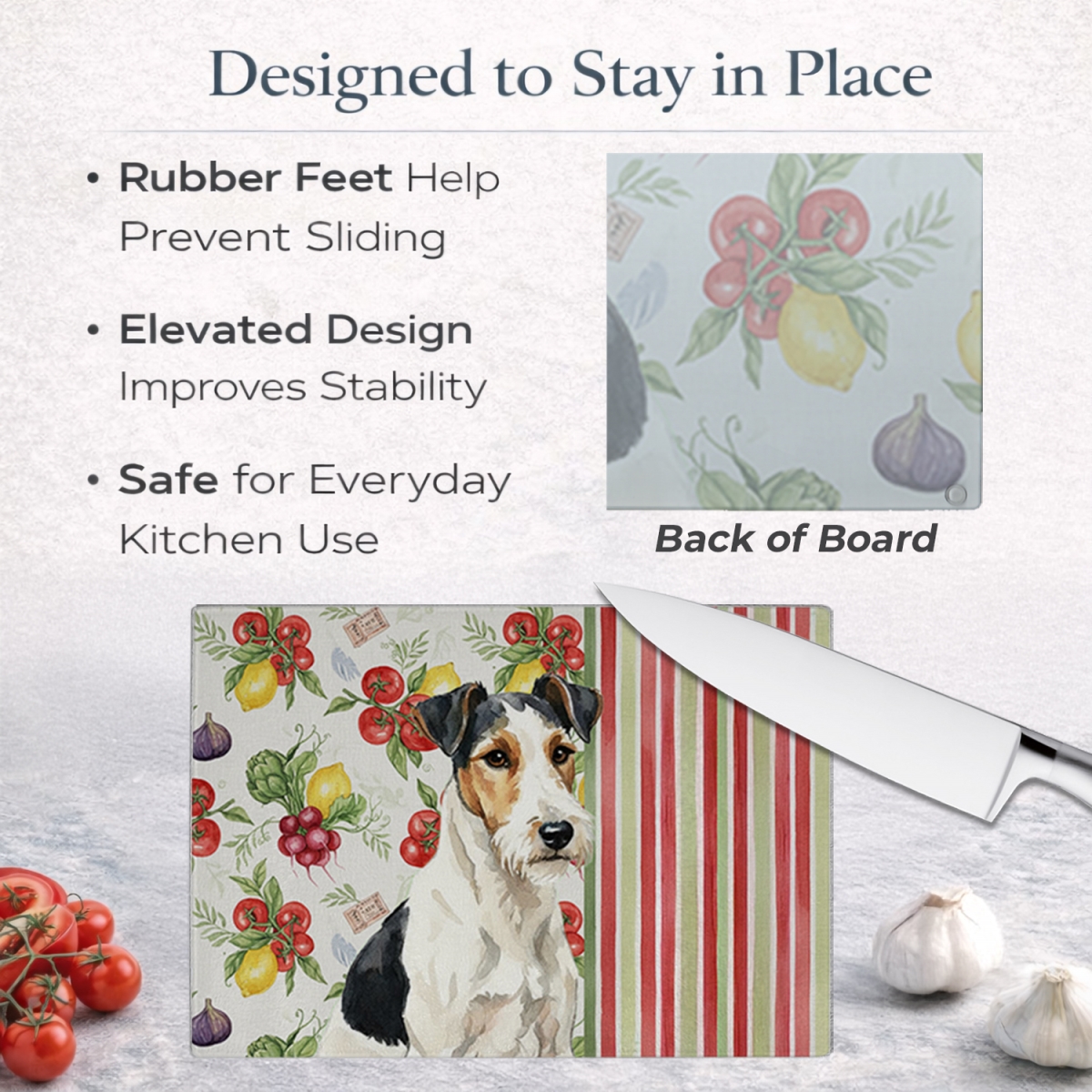 Picture of Carolines Treasures WDK8425LCB 11.25 x 15.25 in. Smooth Fox Terrier Vegetables Glass Cutting Board