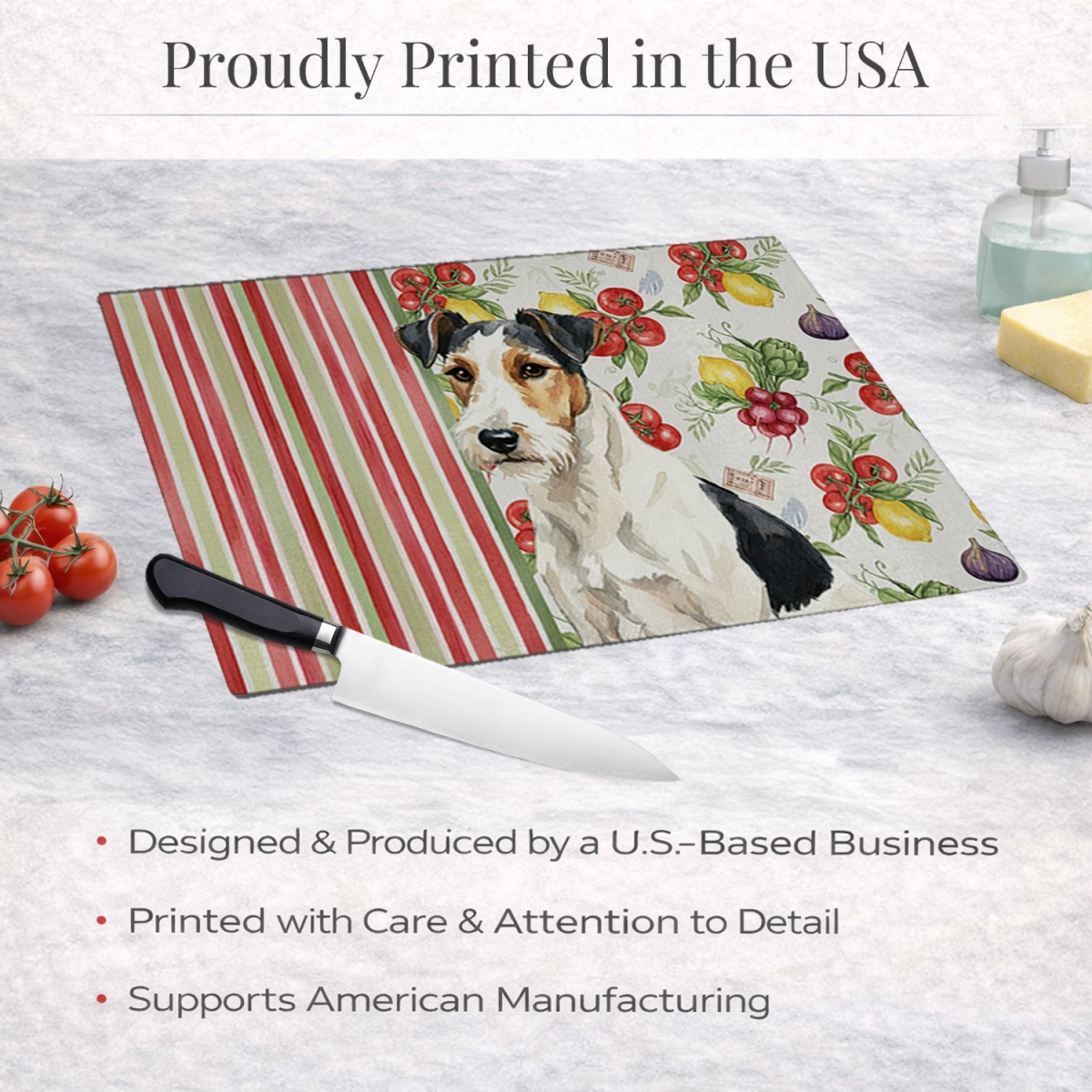 Picture of Carolines Treasures WDK8425LCB 11.25 x 15.25 in. Smooth Fox Terrier Vegetables Glass Cutting Board