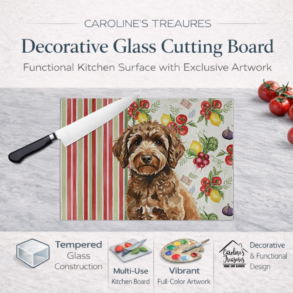 Picture of Carolines Treasures WDK8426LCB 11.25 x 15.25 in. Spanish Water Dog Vegetables Glass Cutting Board