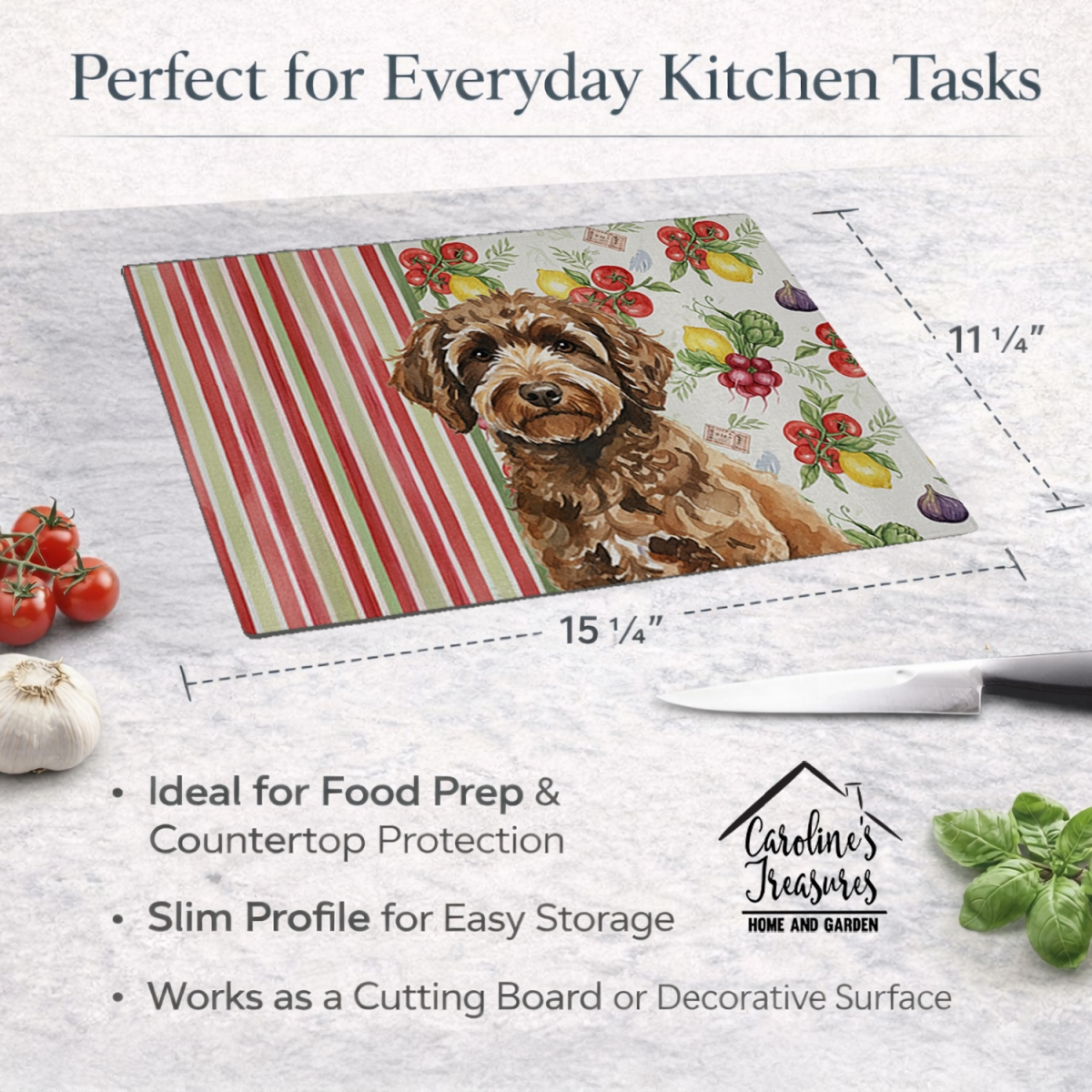 Picture of Carolines Treasures WDK8426LCB 11.25 x 15.25 in. Spanish Water Dog Vegetables Glass Cutting Board