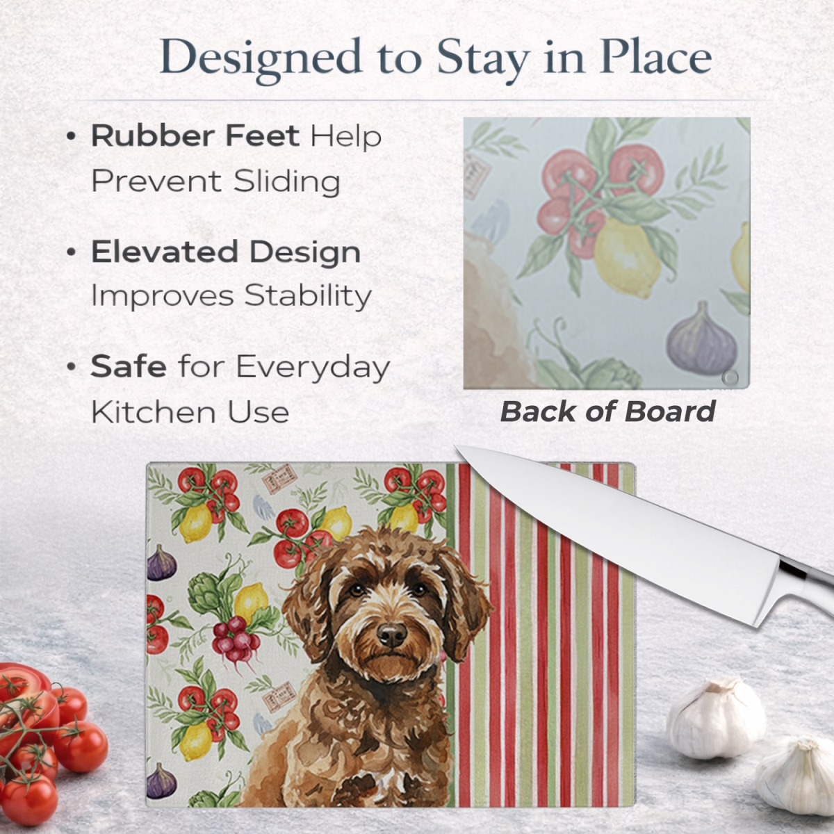 Picture of Carolines Treasures WDK8426LCB 11.25 x 15.25 in. Spanish Water Dog Vegetables Glass Cutting Board