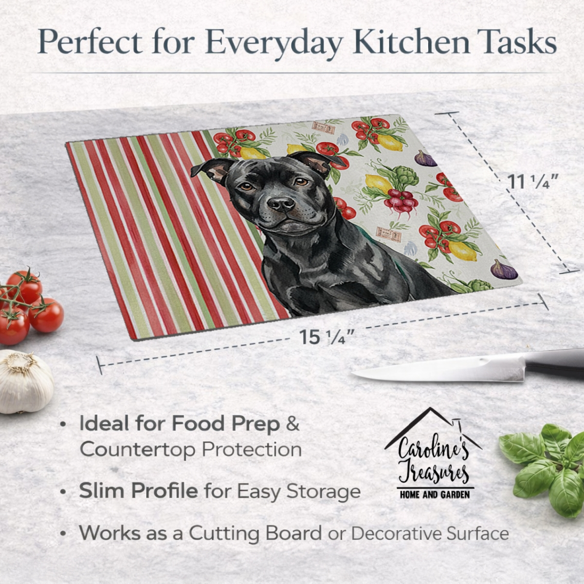 Picture of Carolines Treasures WDK8428LCB 11.25 x 15.25 in. Black Staffordshire Bull Terrier Vegetables Glass Cutting Board