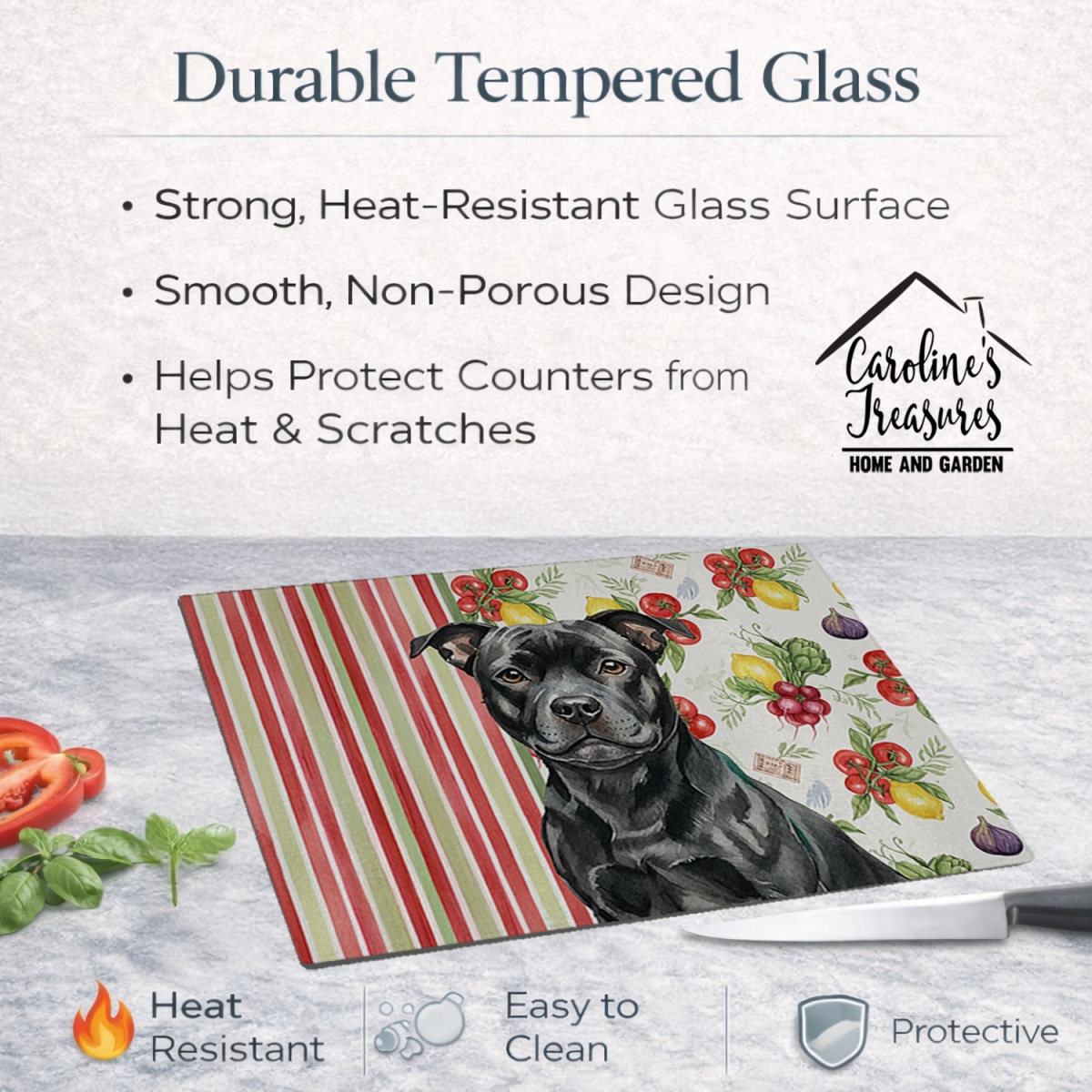 Picture of Carolines Treasures WDK8428LCB 11.25 x 15.25 in. Black Staffordshire Bull Terrier Vegetables Glass Cutting Board