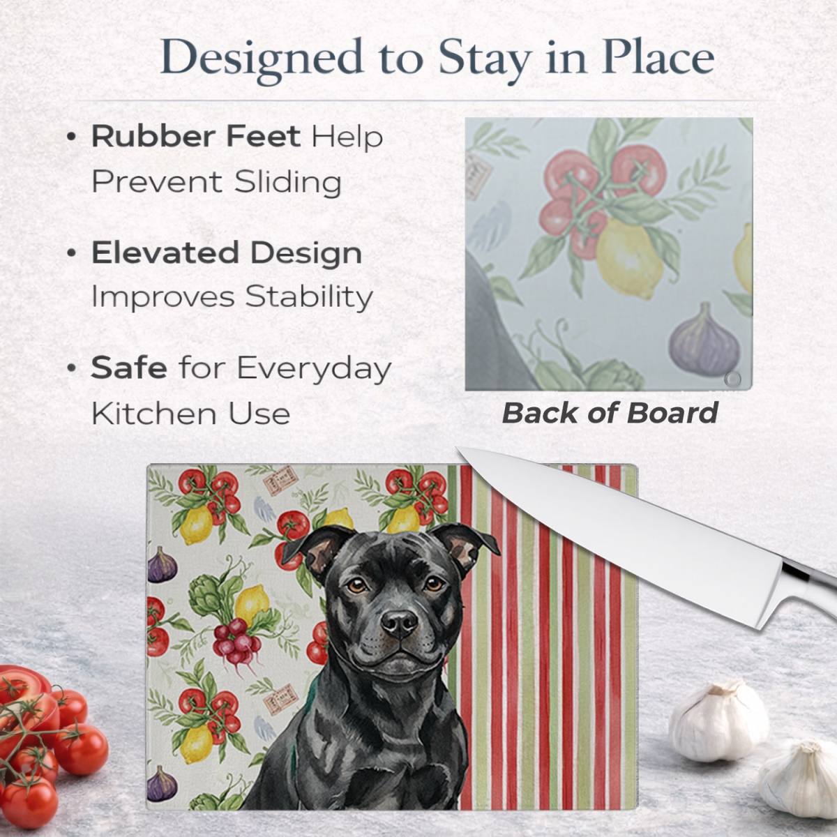 Picture of Carolines Treasures WDK8428LCB 11.25 x 15.25 in. Black Staffordshire Bull Terrier Vegetables Glass Cutting Board
