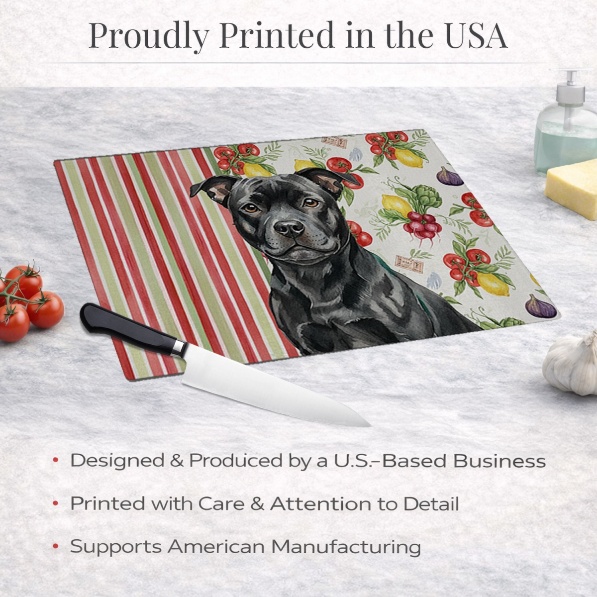 Picture of Carolines Treasures WDK8428LCB 11.25 x 15.25 in. Black Staffordshire Bull Terrier Vegetables Glass Cutting Board