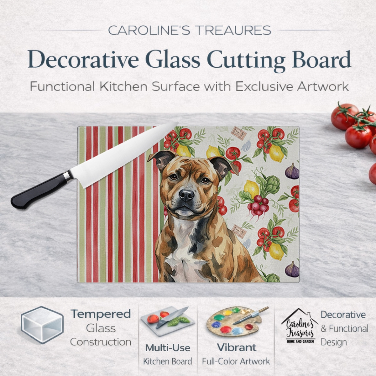 Picture of Carolines Treasures WDK8429LCB 11.25 x 15.25 in. Brindle Staffordshire Bull Terrier Vegetables Glass Cutting Board