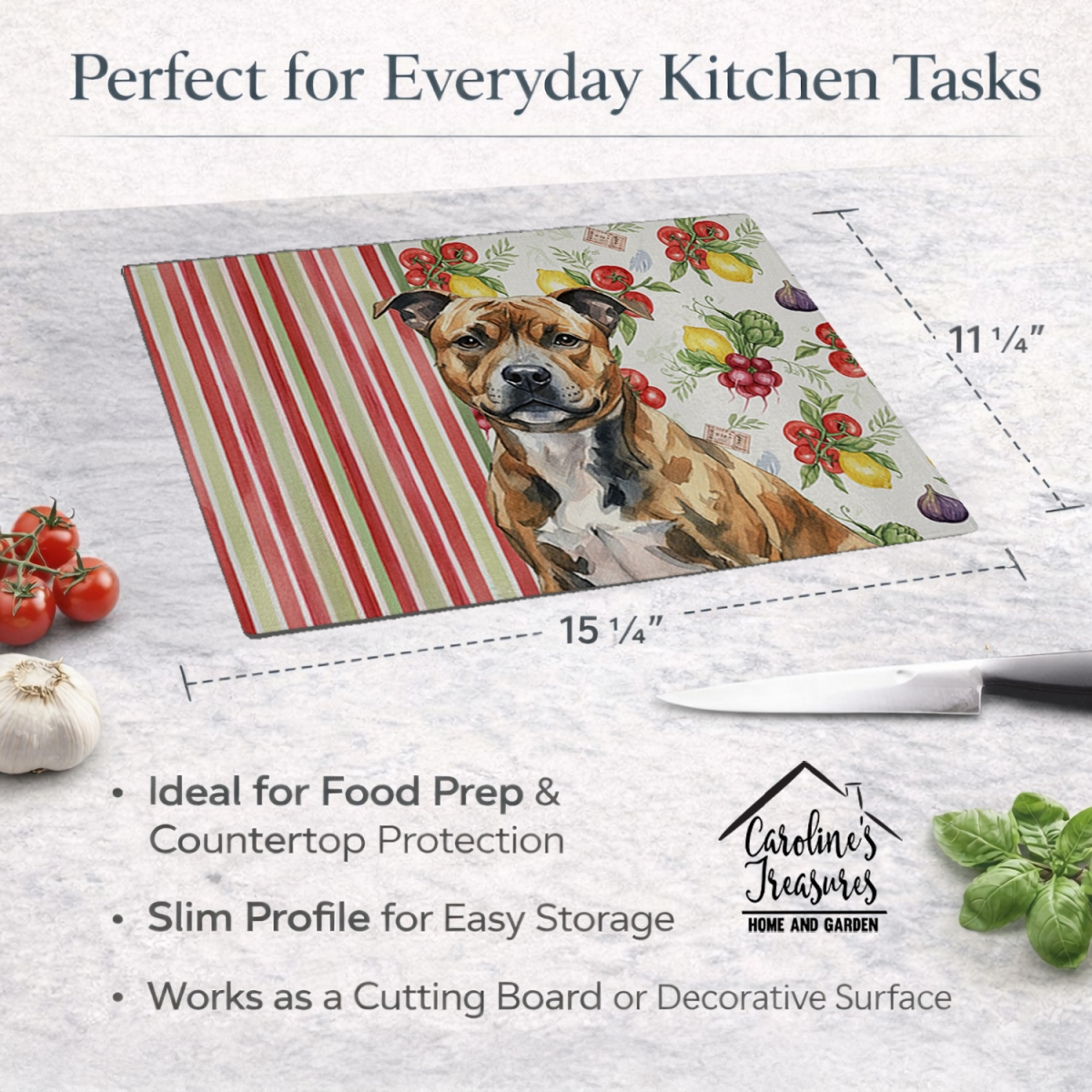 Picture of Carolines Treasures WDK8429LCB 11.25 x 15.25 in. Brindle Staffordshire Bull Terrier Vegetables Glass Cutting Board