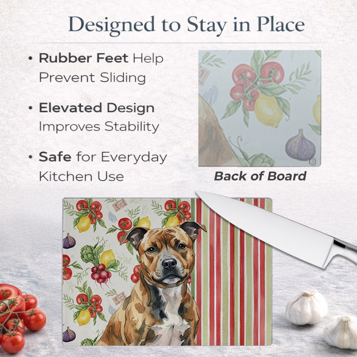 Picture of Carolines Treasures WDK8429LCB 11.25 x 15.25 in. Brindle Staffordshire Bull Terrier Vegetables Glass Cutting Board