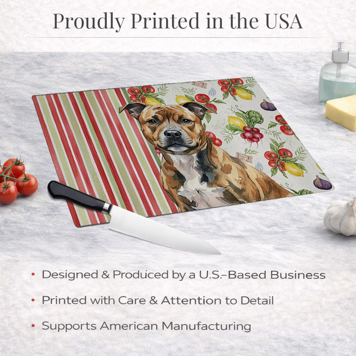 Picture of Carolines Treasures WDK8429LCB 11.25 x 15.25 in. Brindle Staffordshire Bull Terrier Vegetables Glass Cutting Board