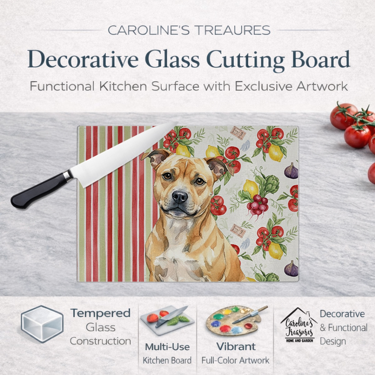 Picture of Carolines Treasures WDK8430LCB 11.25 x 15.25 in. Fawn Staffordshire Bull Terrier Vegetables Glass Cutting Board