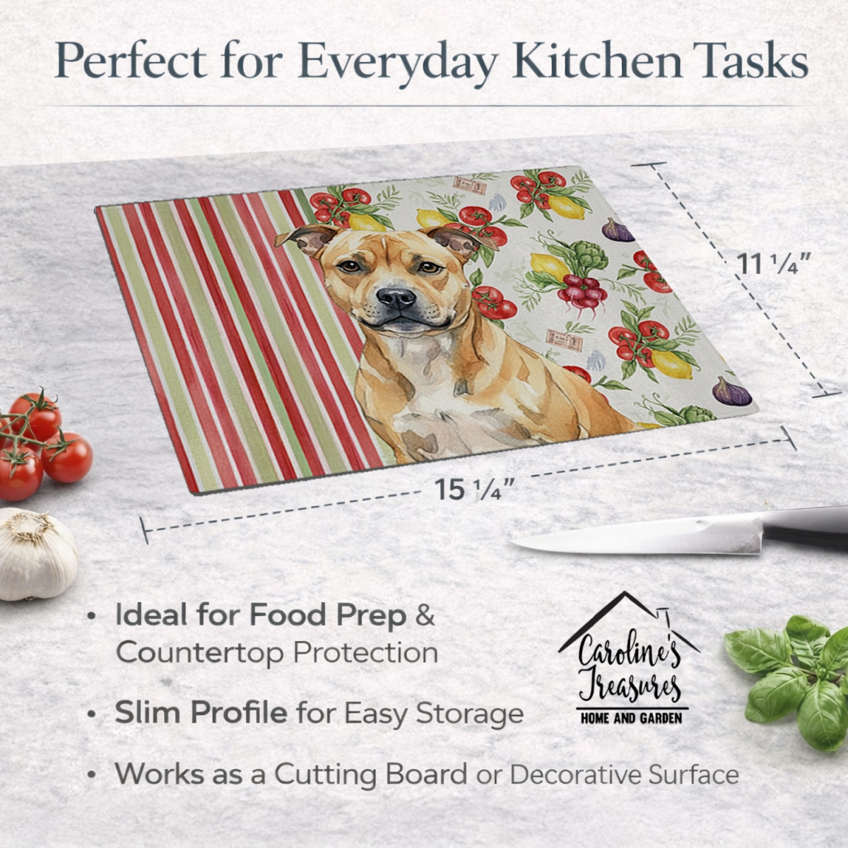 Picture of Carolines Treasures WDK8430LCB 11.25 x 15.25 in. Fawn Staffordshire Bull Terrier Vegetables Glass Cutting Board