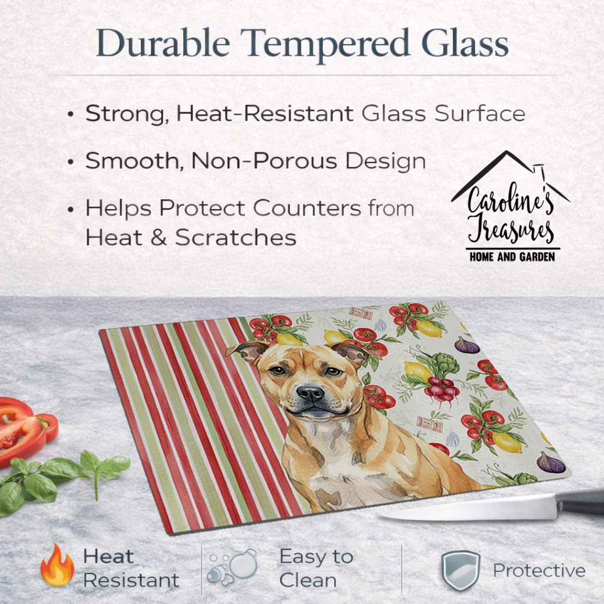 Picture of Carolines Treasures WDK8430LCB 11.25 x 15.25 in. Fawn Staffordshire Bull Terrier Vegetables Glass Cutting Board