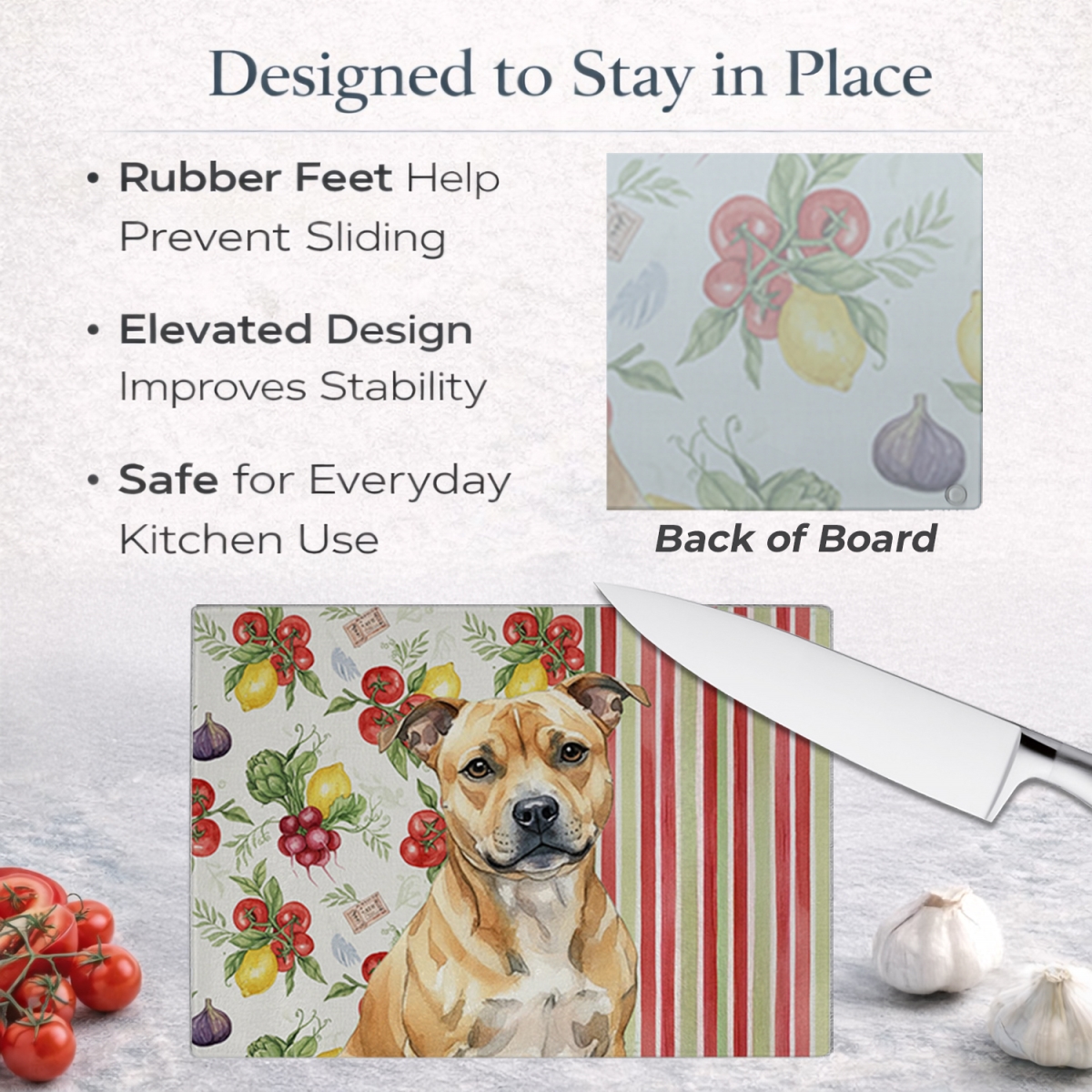 Picture of Carolines Treasures WDK8430LCB 11.25 x 15.25 in. Fawn Staffordshire Bull Terrier Vegetables Glass Cutting Board